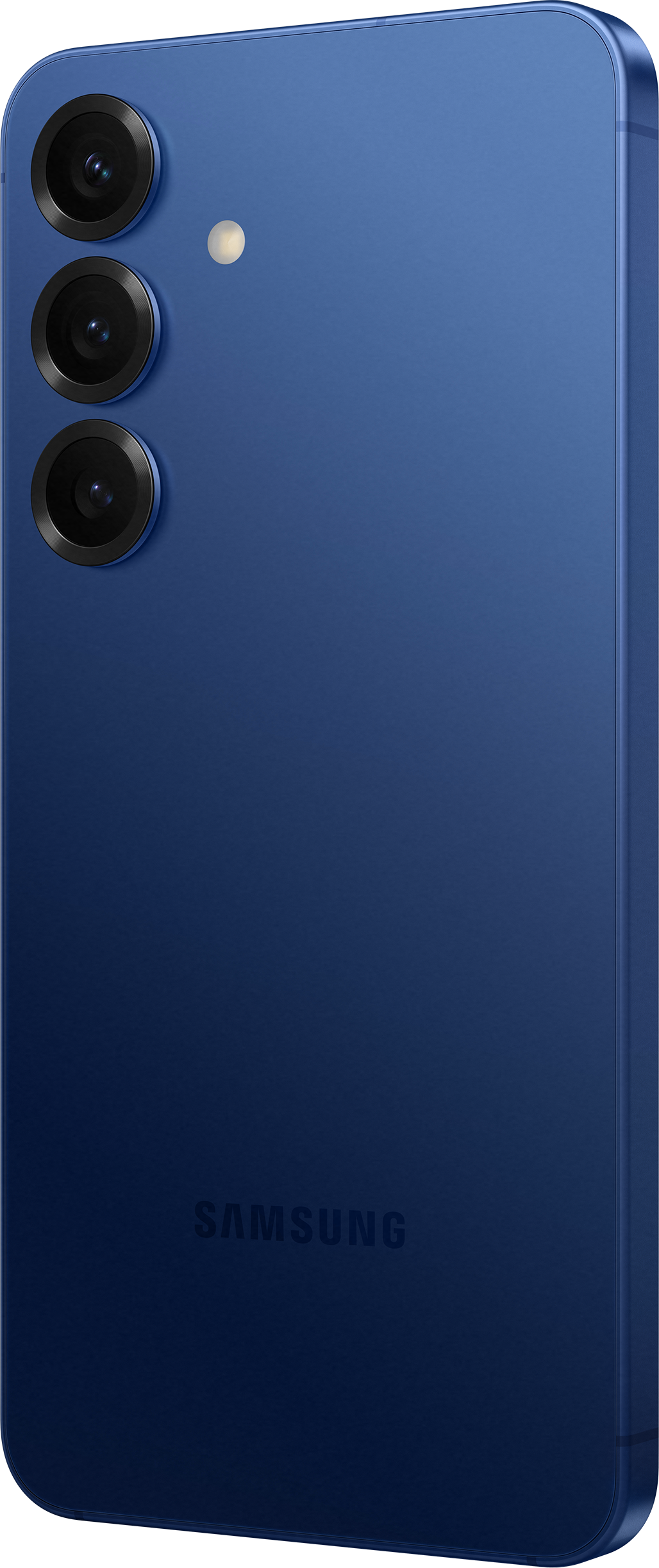 Die Rückseite eines blauen Samsung-Telefons mit drei Kameralinsen und dem Samsung-Logo.