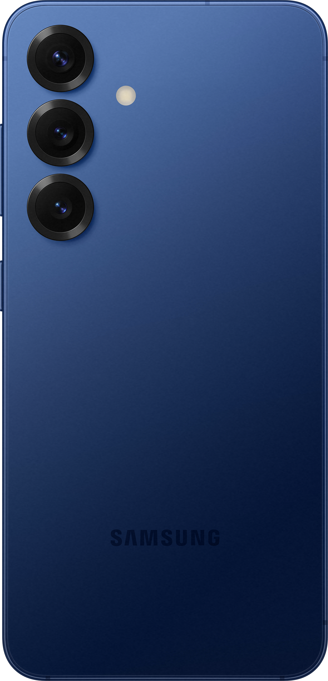 Rückseite eines blauen Telefons mit drei Kameras und Blitz. Samsung-Logo. Schwarzer HG.