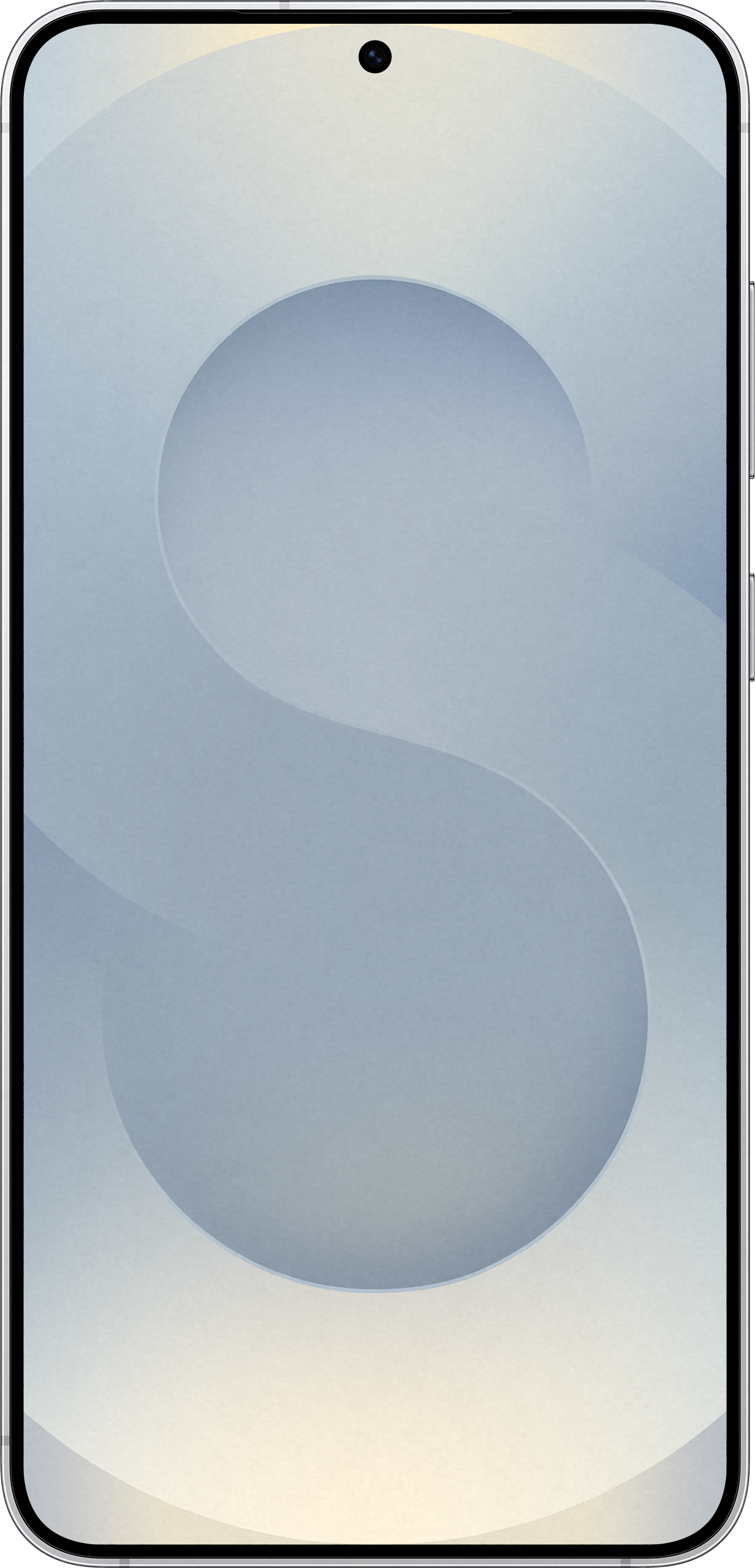 Ein schwarzes Smartphone, das einen hellblauen Hintergrund mit geschwungenem Design zeigt.