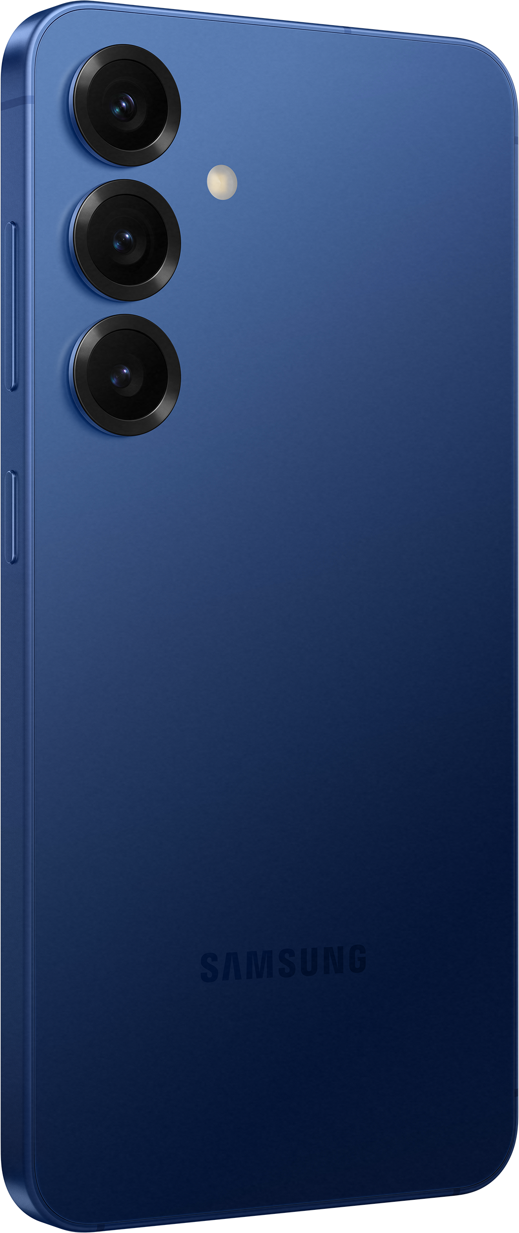 Die Rückseite eines dunkelblauen Telefons mit drei Kameralinsen und einem Samsung-Logo.