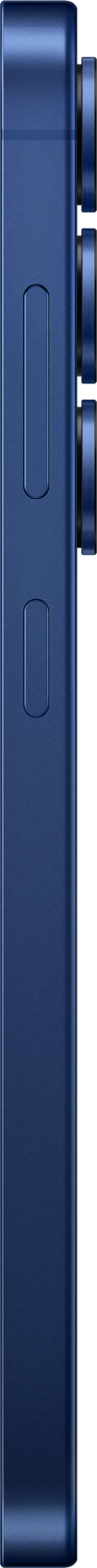 Blaue Smartphone-Seitenansicht mit Lautstärke- und Ein/Aus-Tasten. Dunkler Hintergrund.