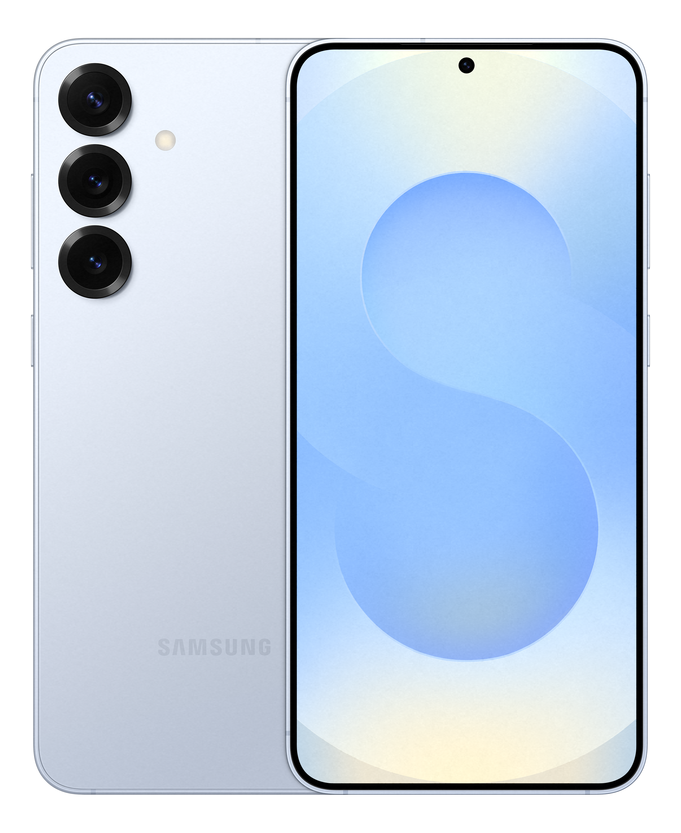 Un telefono Samsung azzurro con lo schermo acceso, che mostra un design azzurro.