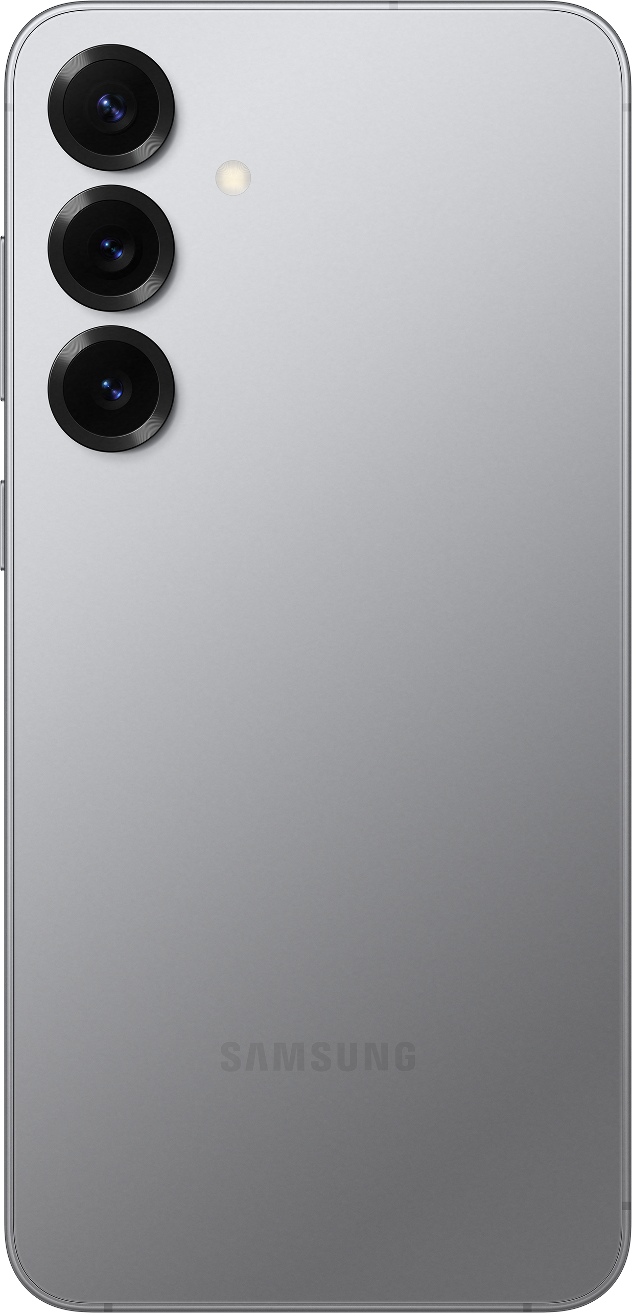 Ein silbernes Smartphone mit drei Kameralinsen und Samsung-Logo auf der Rückseite.