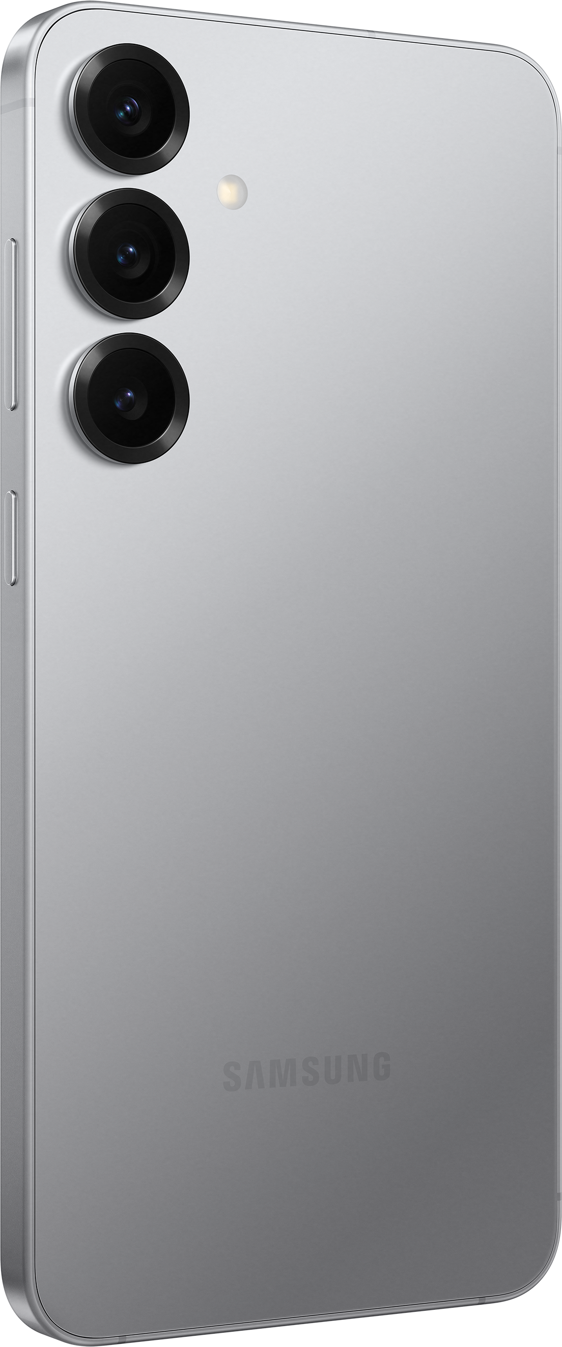 Rückseite des silbernen Telefons mit drei Kameras. Samsung-Logo unten. Weißer Hintergrund.