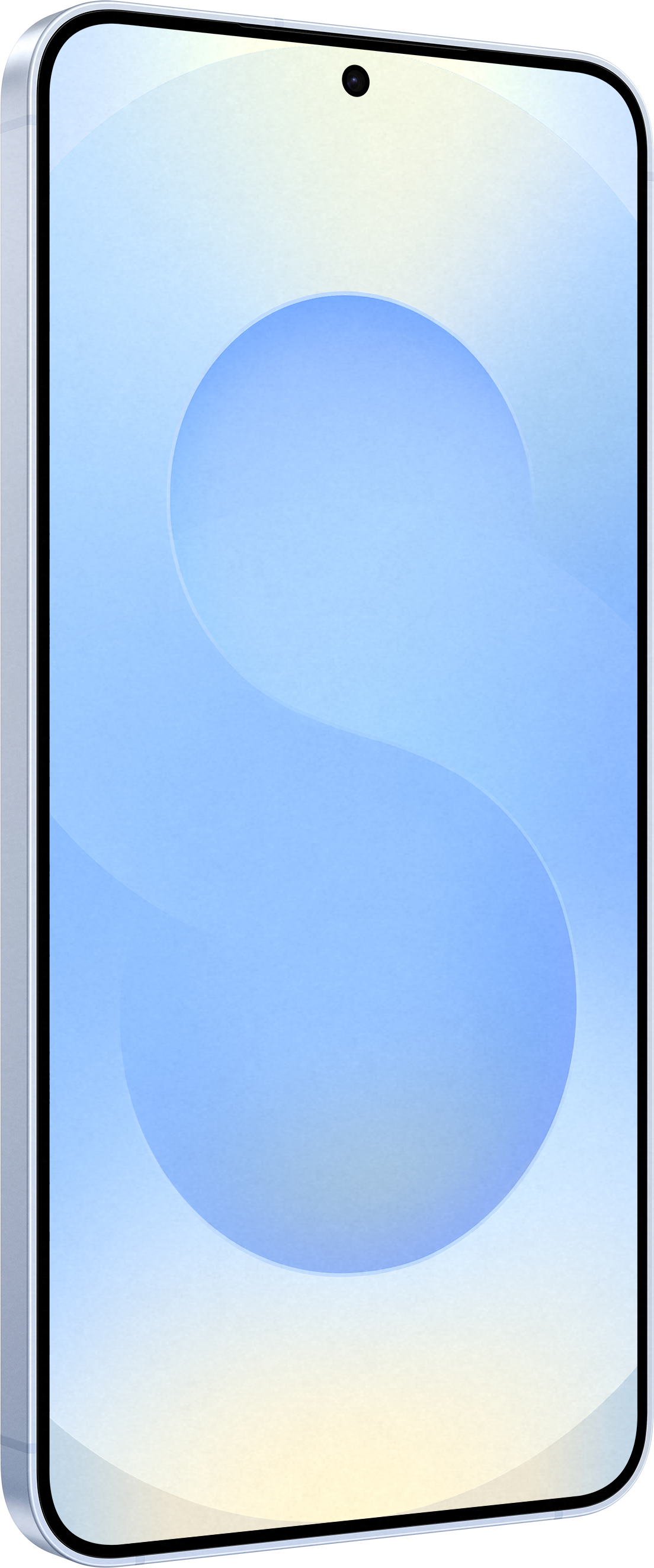 Uno smartphone bianco e blu con sfondo bianco e design a 'S' curvo sul display.
