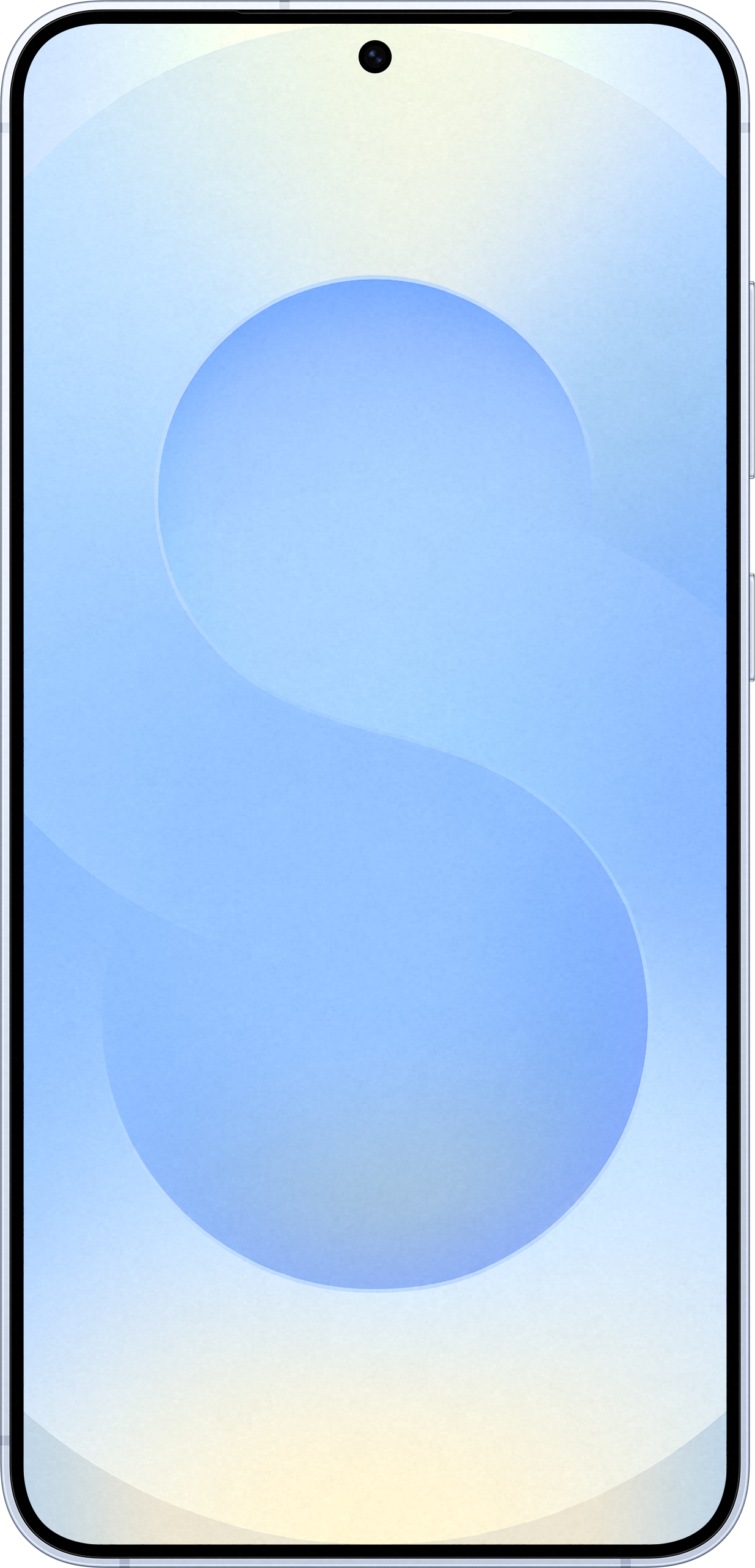 Smartphone con display a gradiente blu chiaro. Il telefono è bianco con una fotocamera frontale centrata.