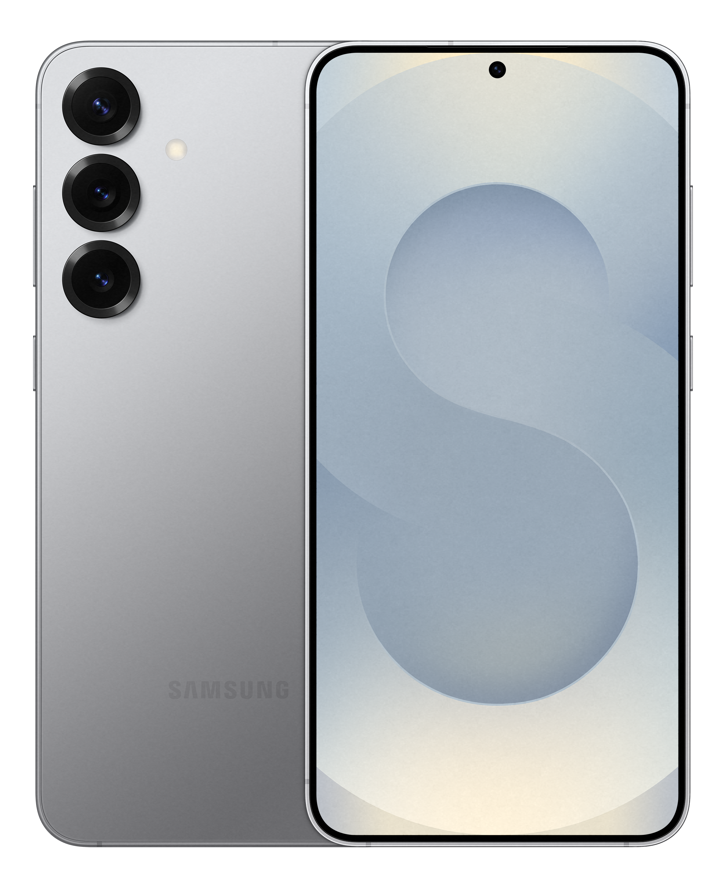 Silbernes Telefon, Rück- und Vorderansicht. Die Rückseite hat drei Kameras. Der Bildschirm zeigt ein weißes S.