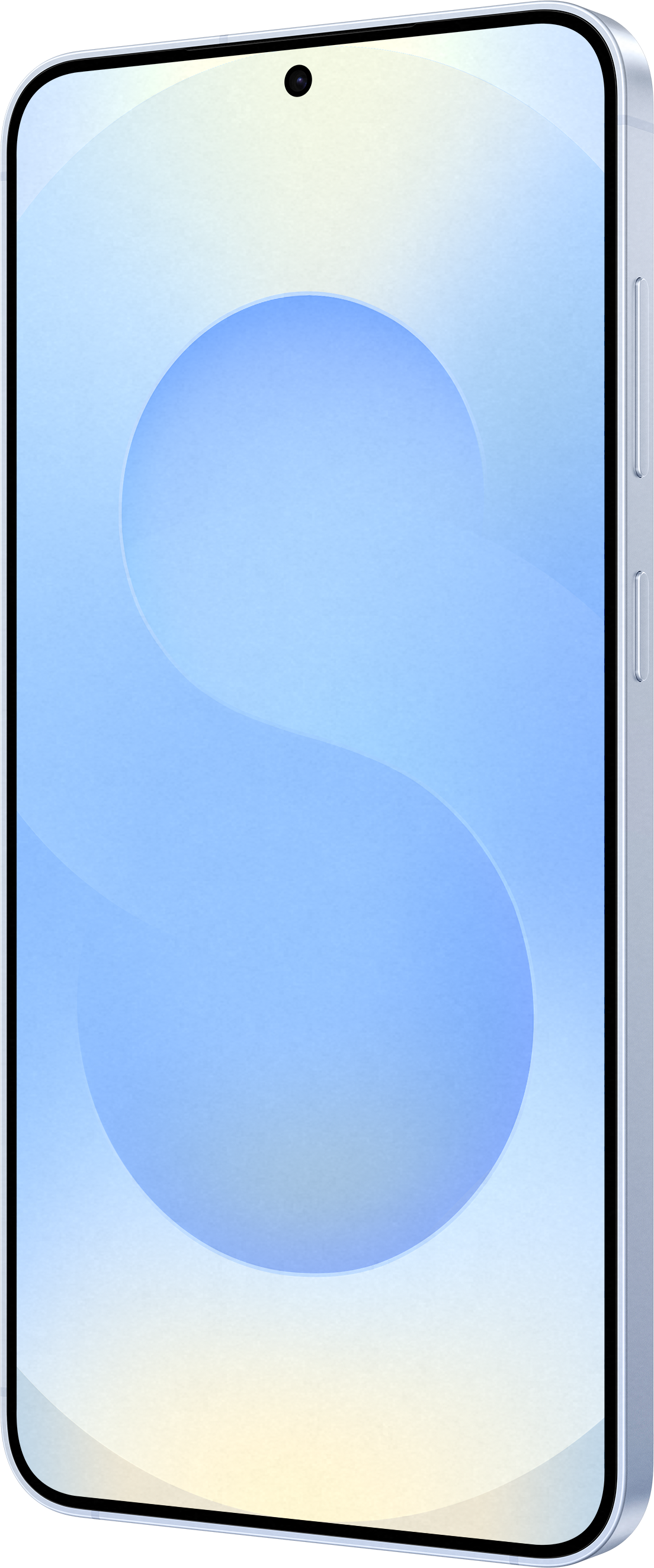 Un telefono bianco con un design blu a forma di S sullo schermo.