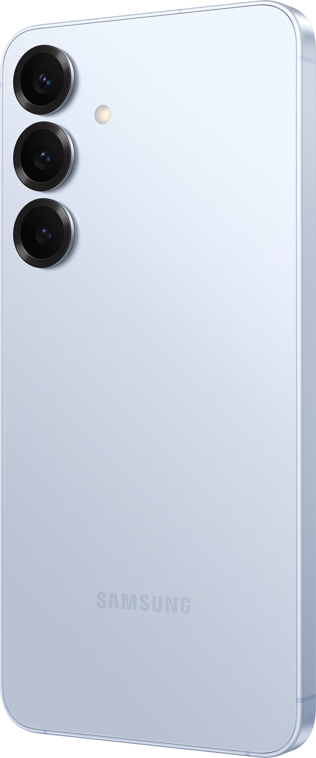 Smartphone azzurro con tre fotocamere posteriori, visto da dietro.