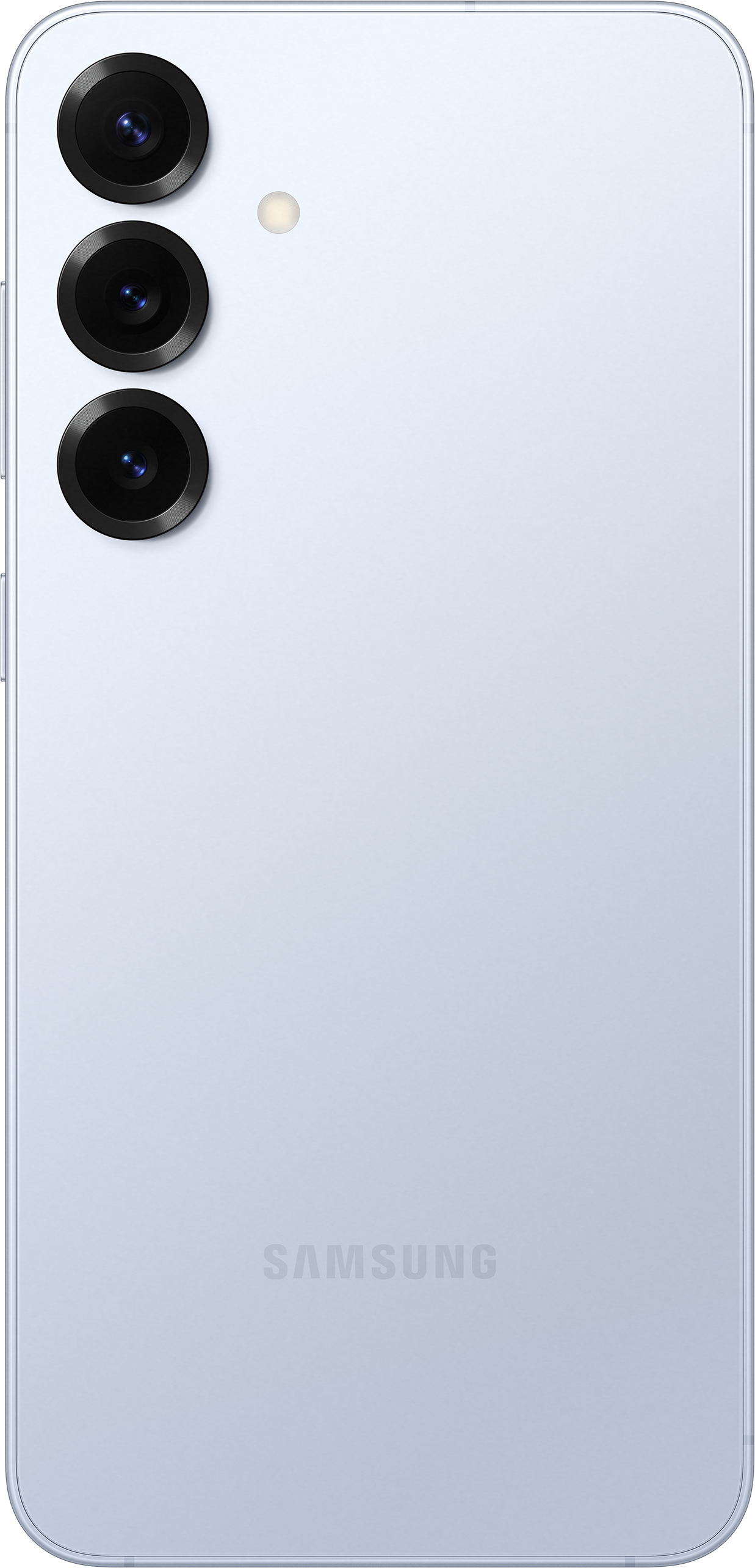 Retro di uno smartphone Samsung azzurro. Tre fotocamere posteriori e un logo Samsung.