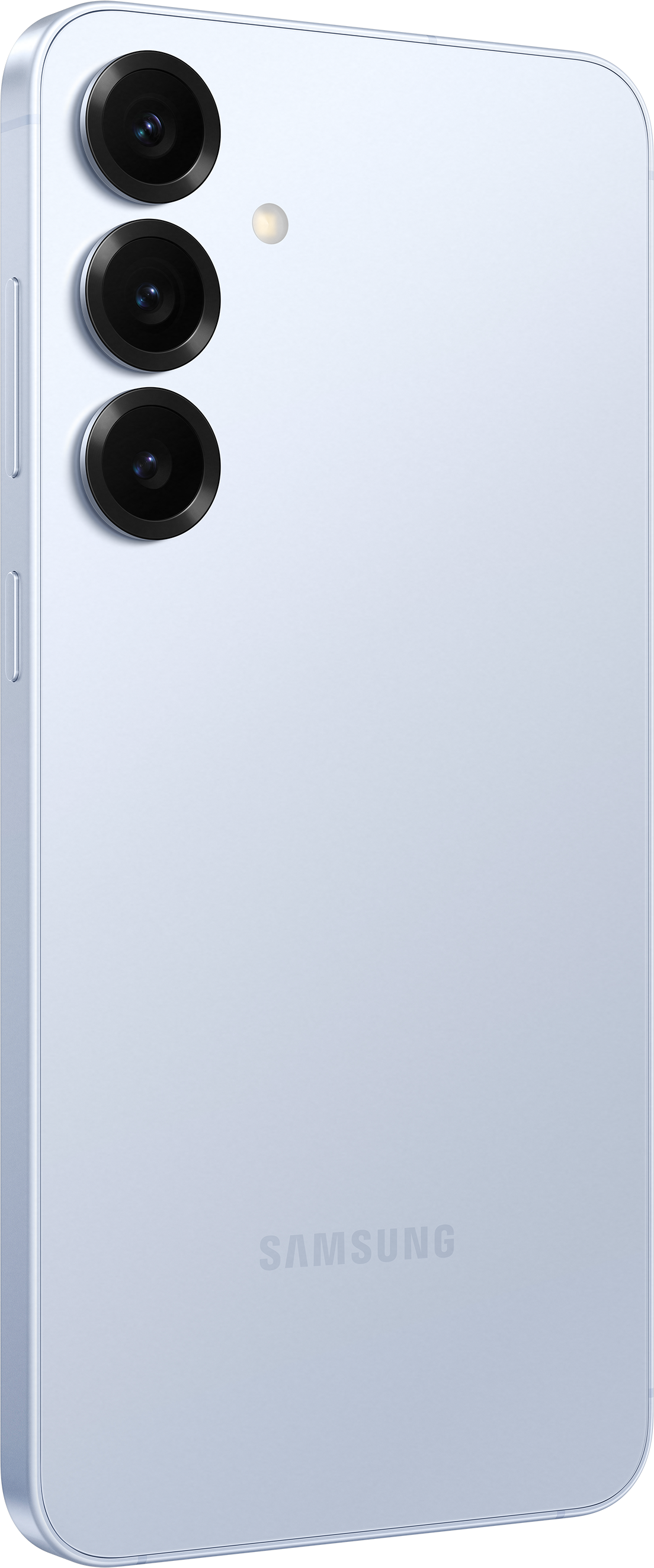 Smartphone azzurro con tre fotocamere. Il logo Samsung è visibile sul retro.