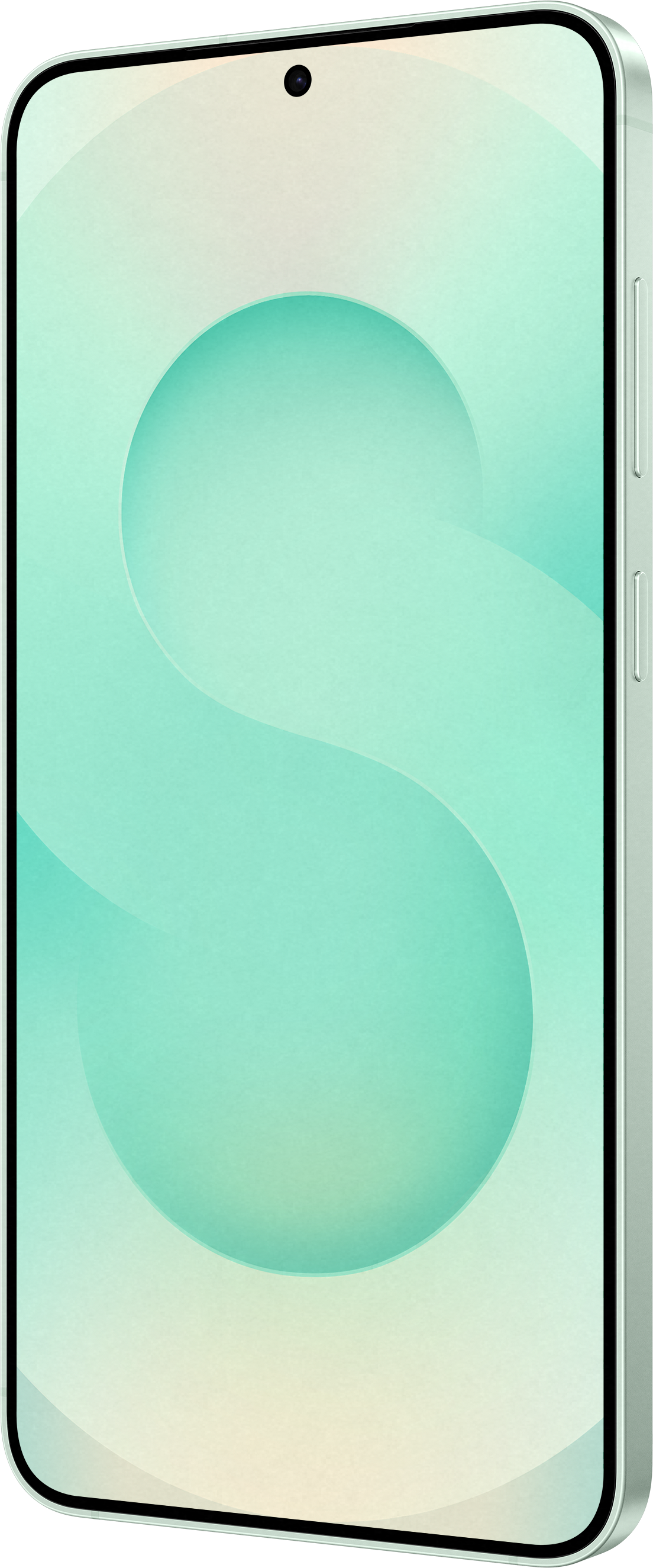 Ein Smartphone auf der Seite, das einen abstrakten, teal-weißen Entwurf zeigt.