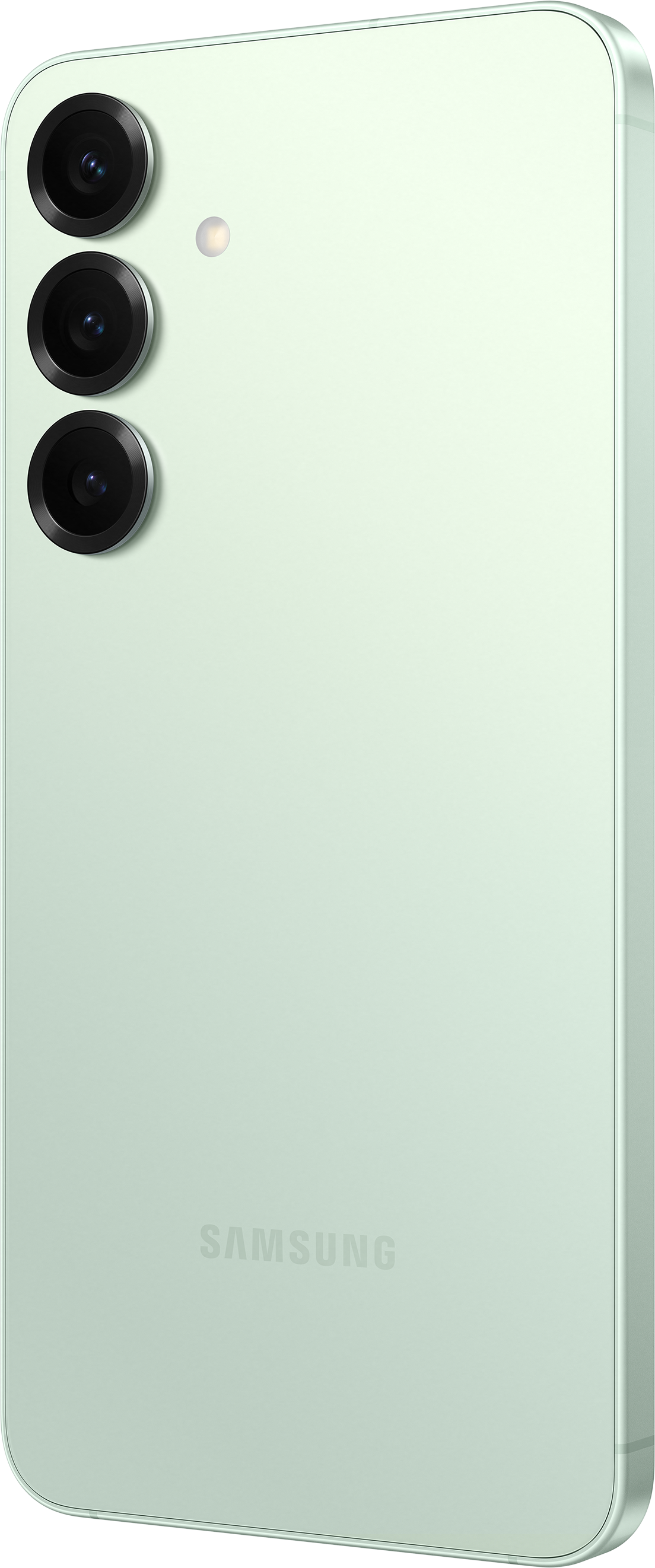 Hellgrünes Smartphone mit drei Kameralinsen und dem Logo 'SAMSUNG'.