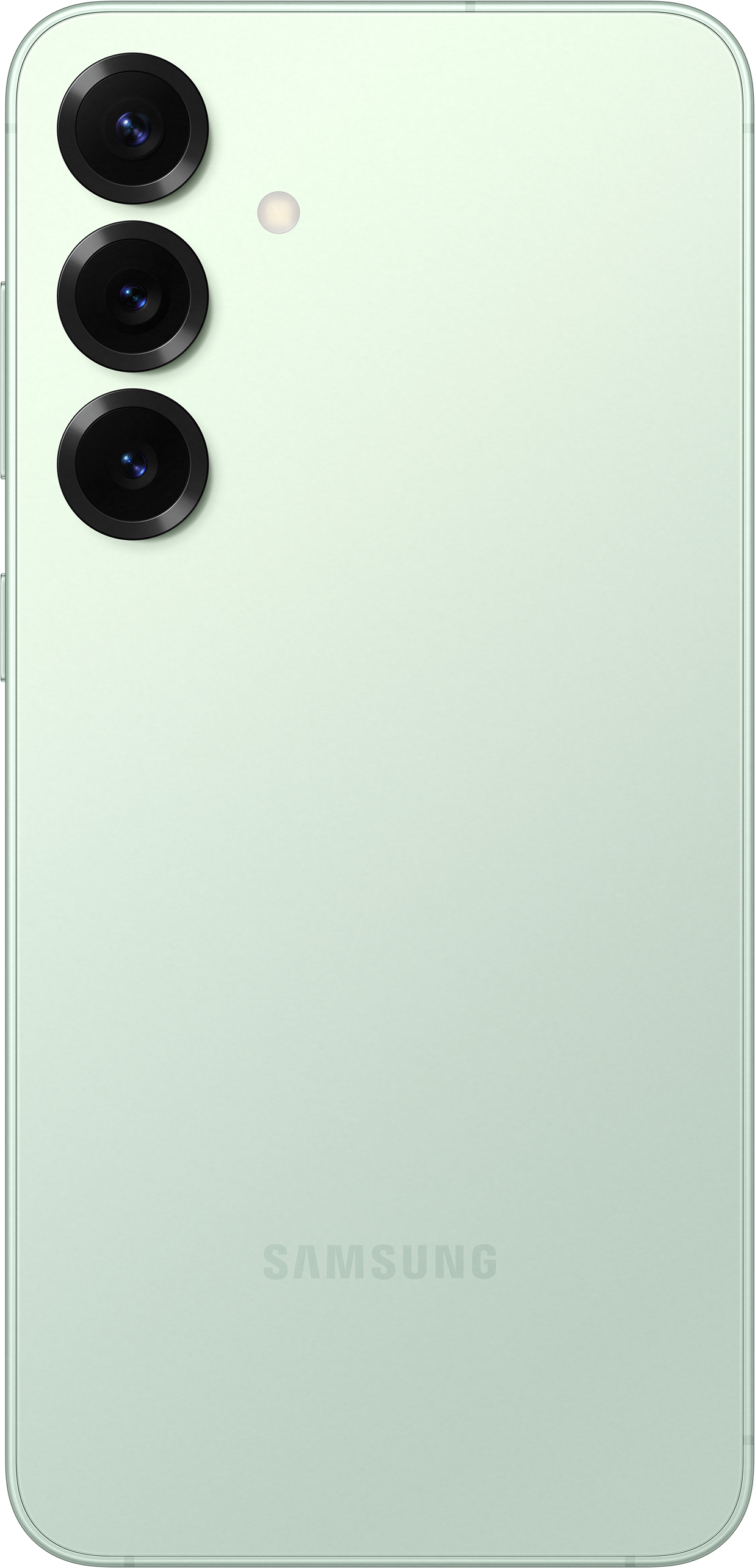 Die Rückseite eines hellgrünen Smartphones mit drei Kameralinsen und einem Blitzlicht.