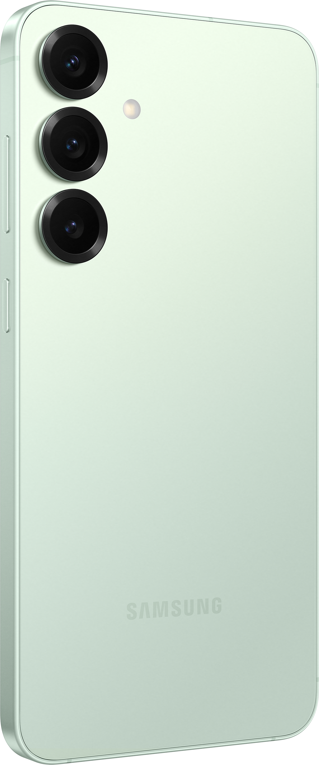 Ein mintgrünes Telefon mit drei Kameras auf der Rückseite, auf weißem Hintergrund.