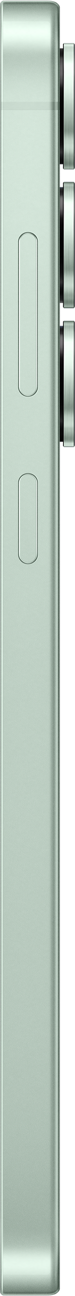 Hellgrünes Telefon, Seitenansicht mit Tasten, auf schwarzem Hintergrund. Minimalistisch, elegant.