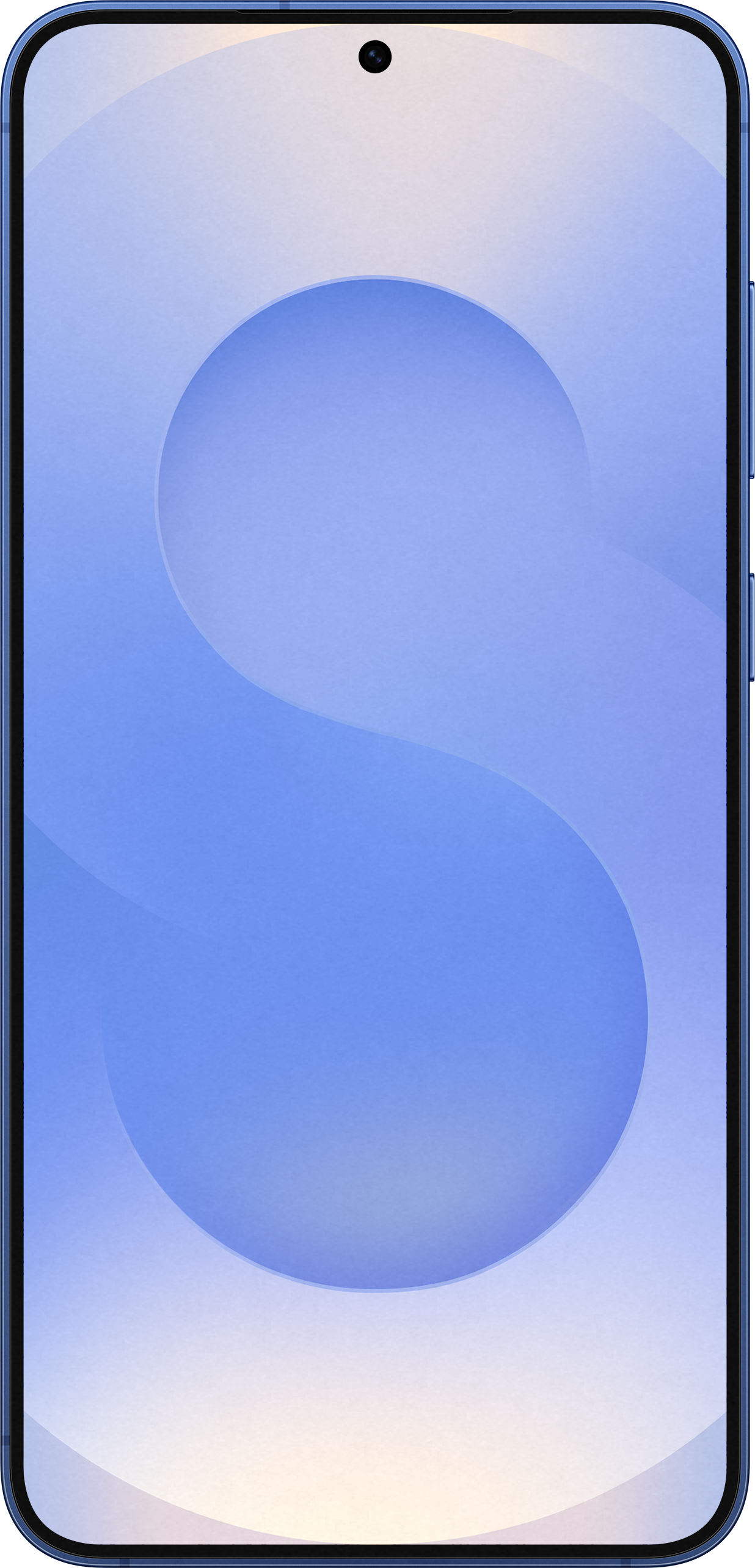 Blaues Smartphone mit großem „S“-Design auf dem Bildschirm, umgeben von einem blauen Rahmen.
