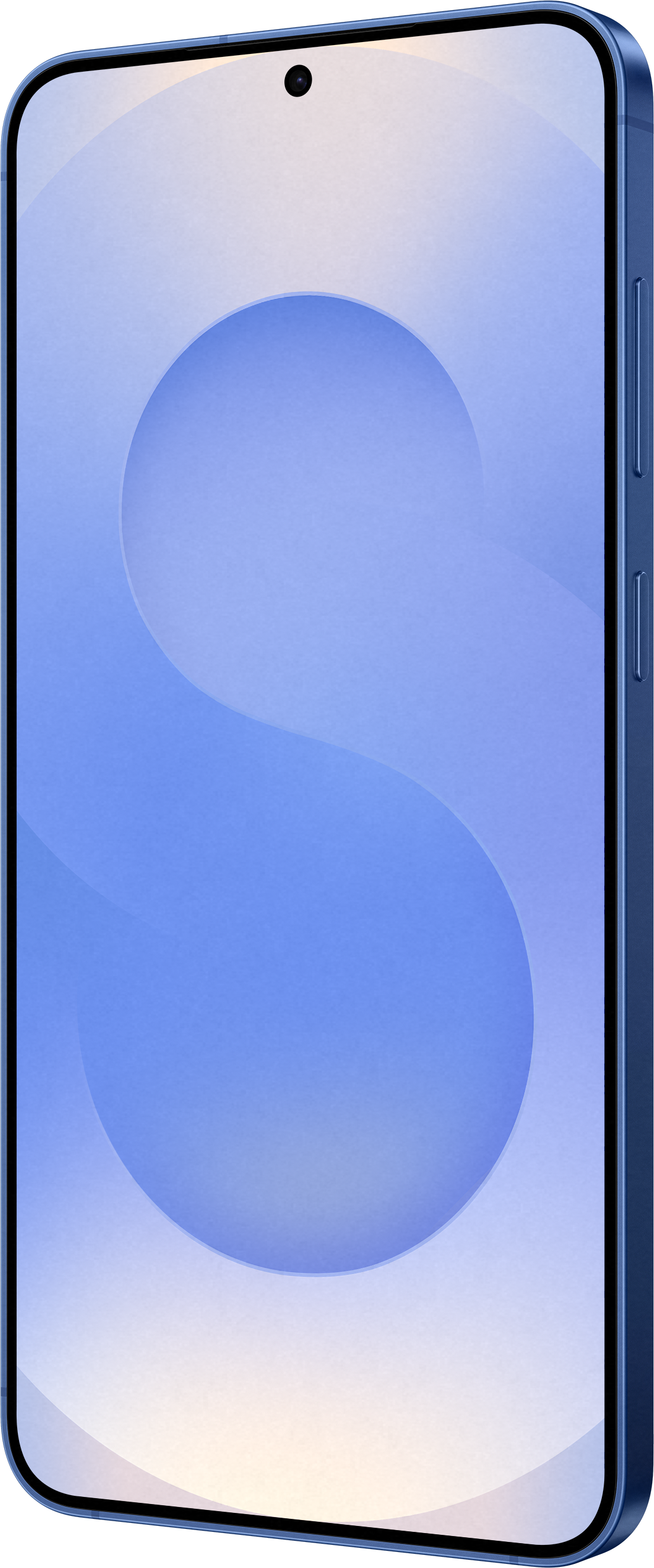 Blaues Smartphone auf weißer Oberfläche. Das Telefon hat eine blaue Rück- und Vorderseite.