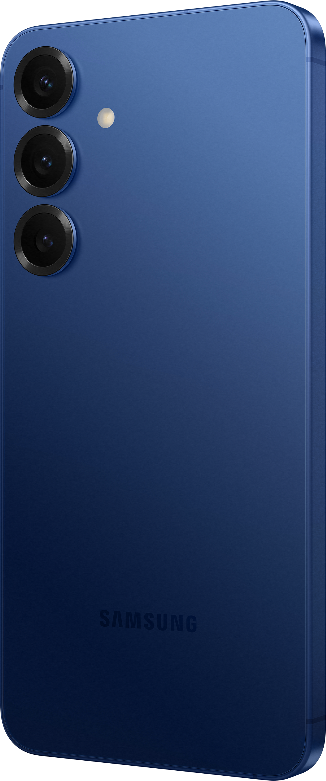 Blaues Samsung-Telefon von der Seite, zeigt Kameralinsen. Schwarze Kameralinsen und blaues Telefon.