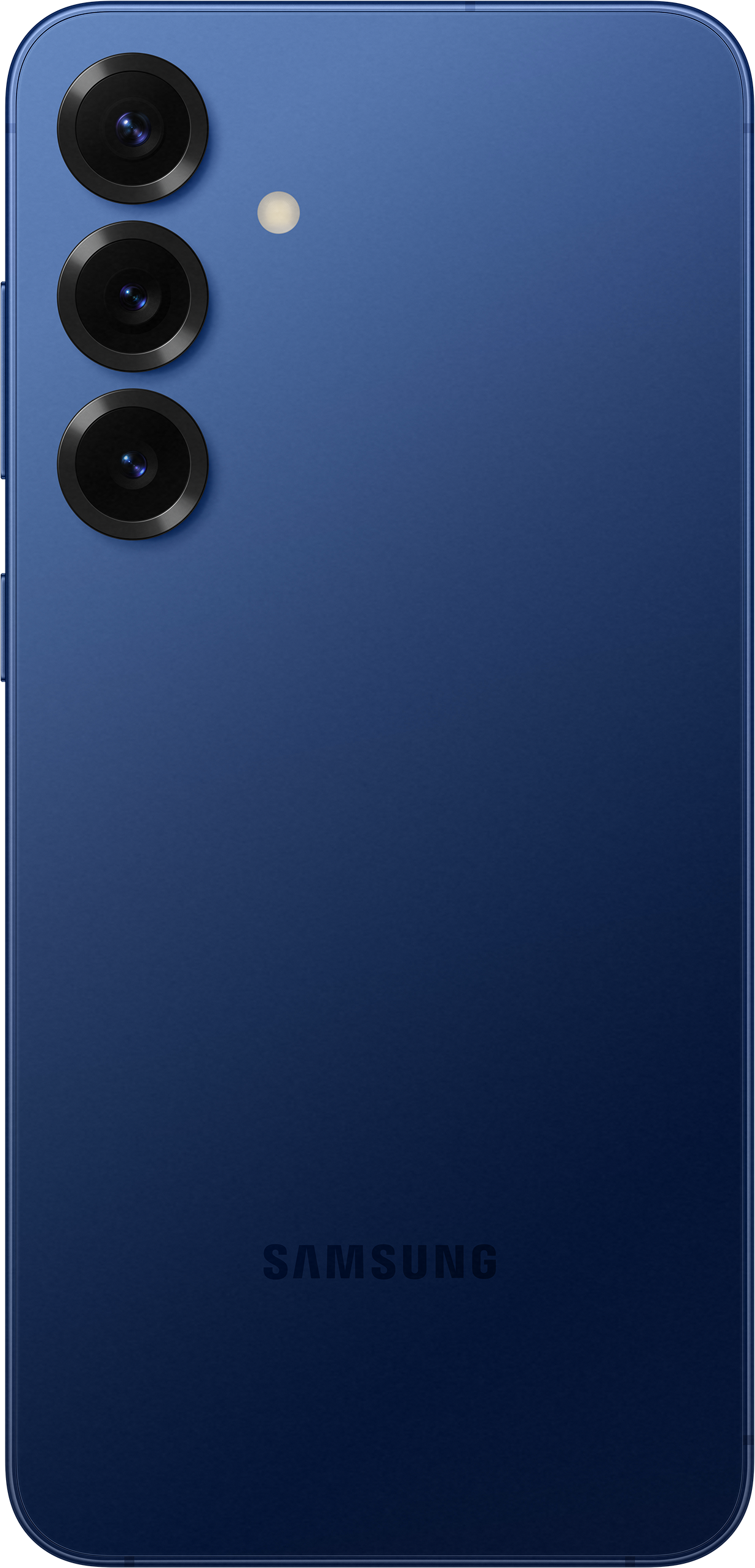 Rückseite eines blauen Smartphones mit drei Kameralinsen und Blitz. Samsung-Logo unten sichtbar.