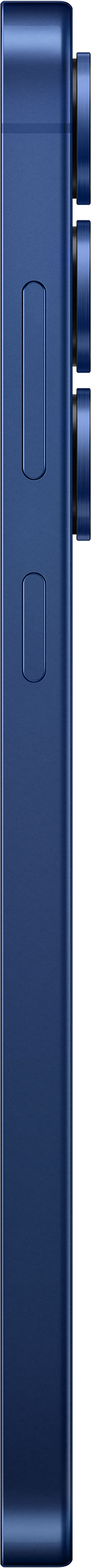 Seitenansicht eines blauen Telefons. Es hat zwei längliche Knöpfe und ein schlankes Design.