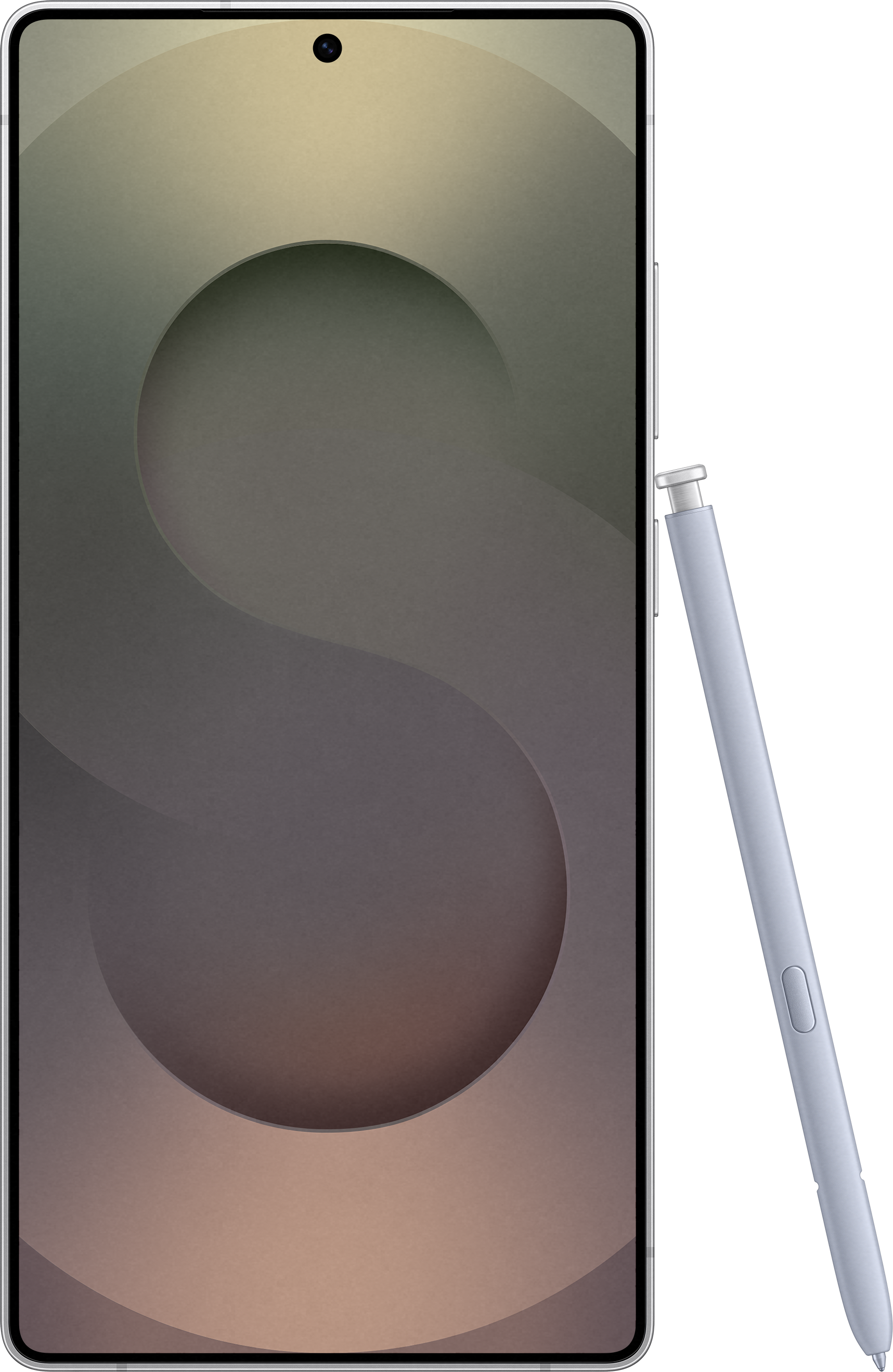 Un telefono con una penna. È argento con un design curvo e un ampio display.