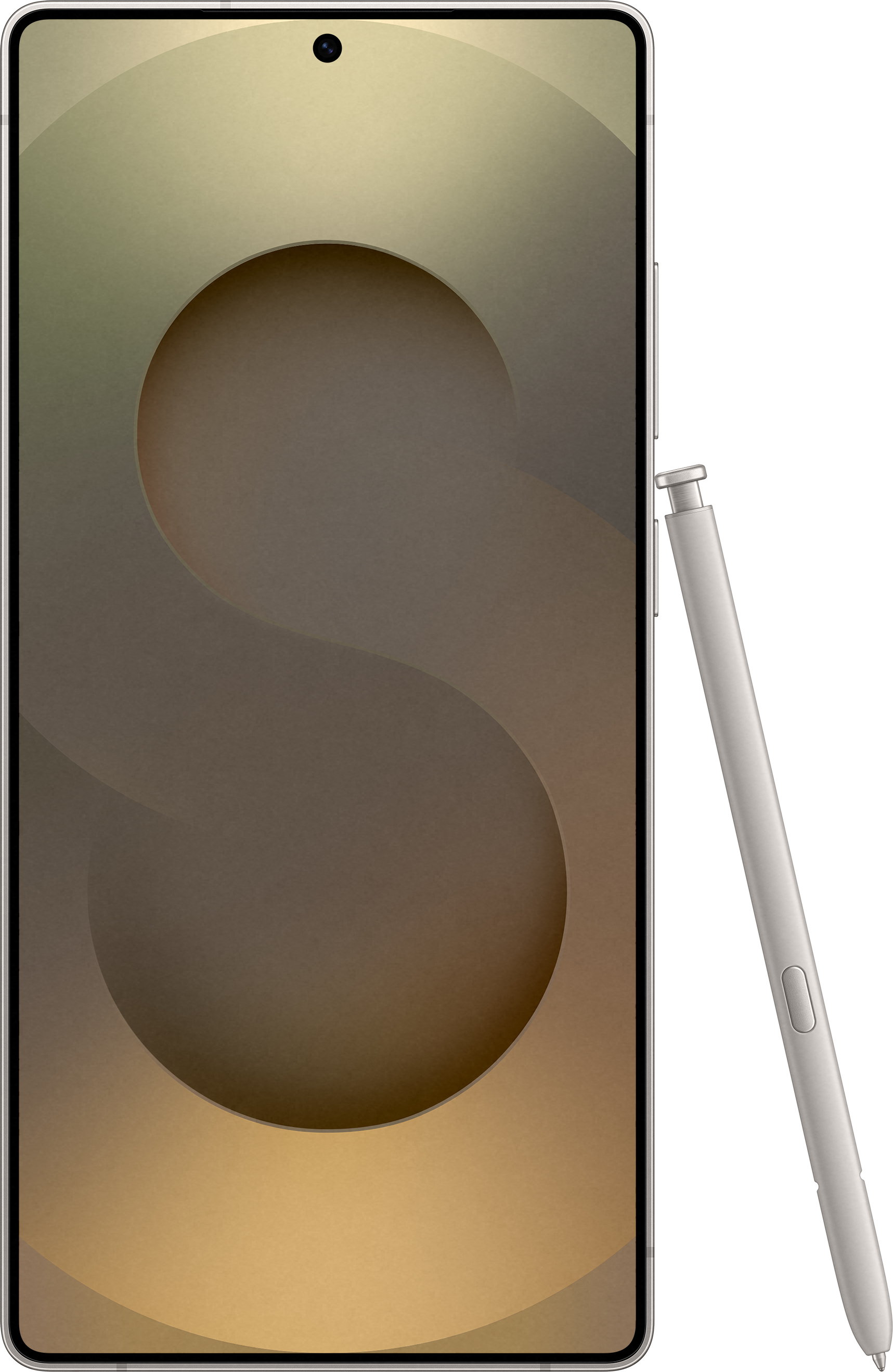 Uno smartphone con uno schermo che mostra un design a 'S' e uno stilo.