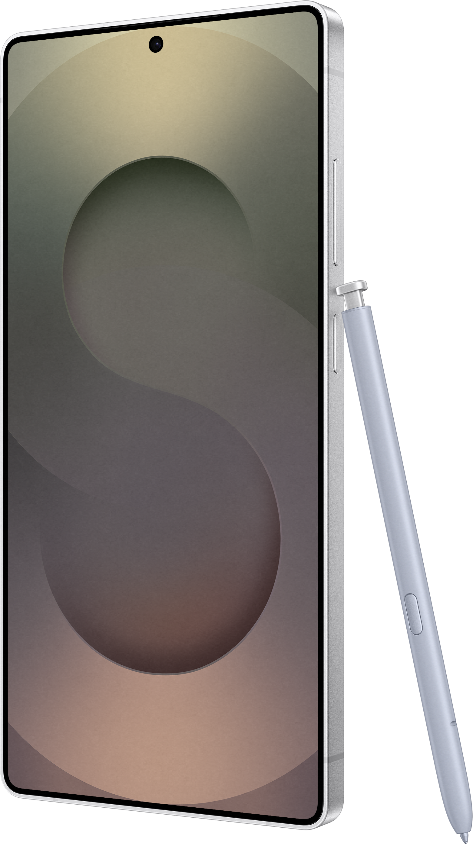 Un telefono bianco con una penna, con una penna blu chiaro inserita nel telefono.