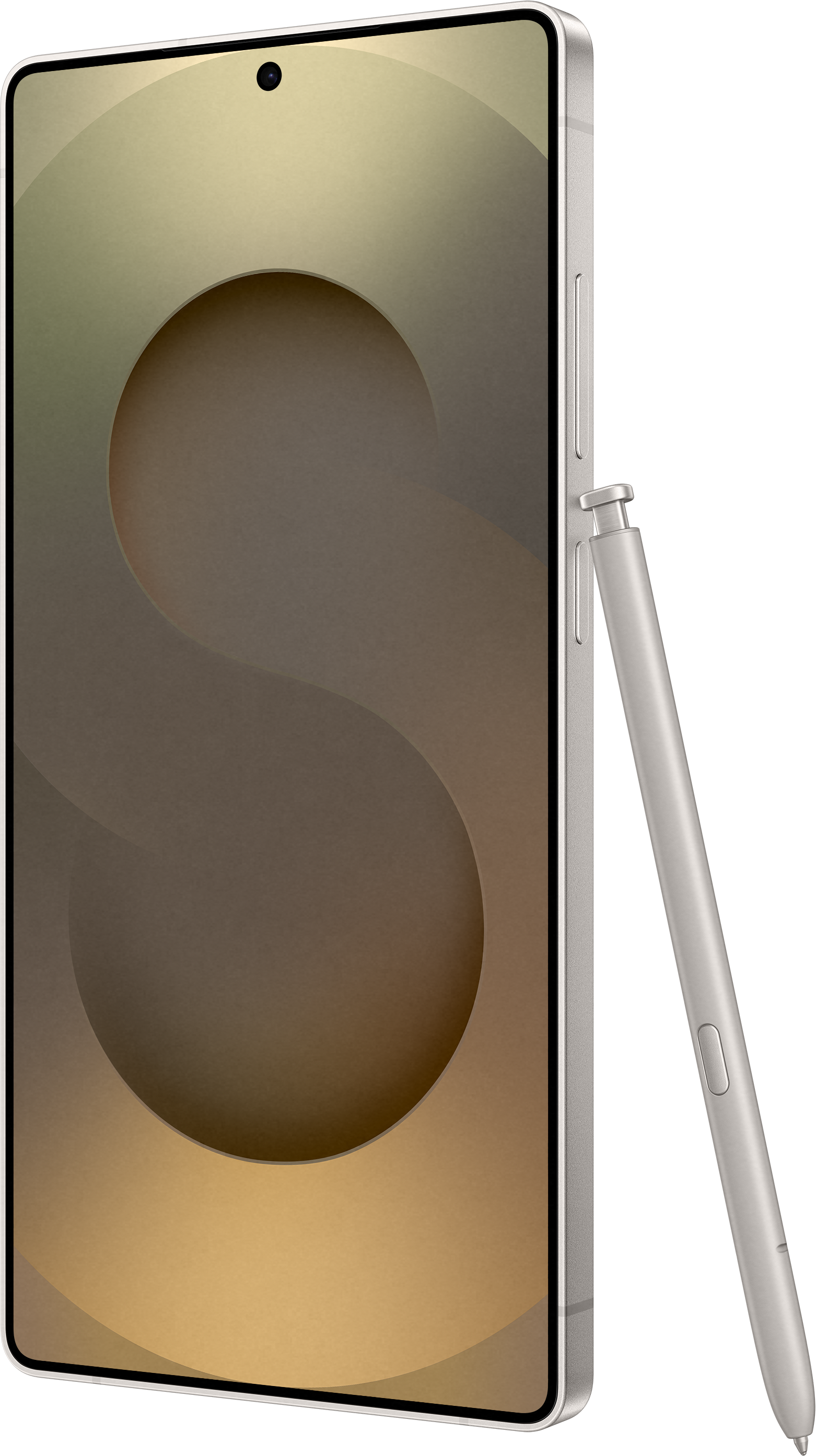 Smartphone con penna, grigio chiaro, vista laterale con sfondo curvo e astratto.