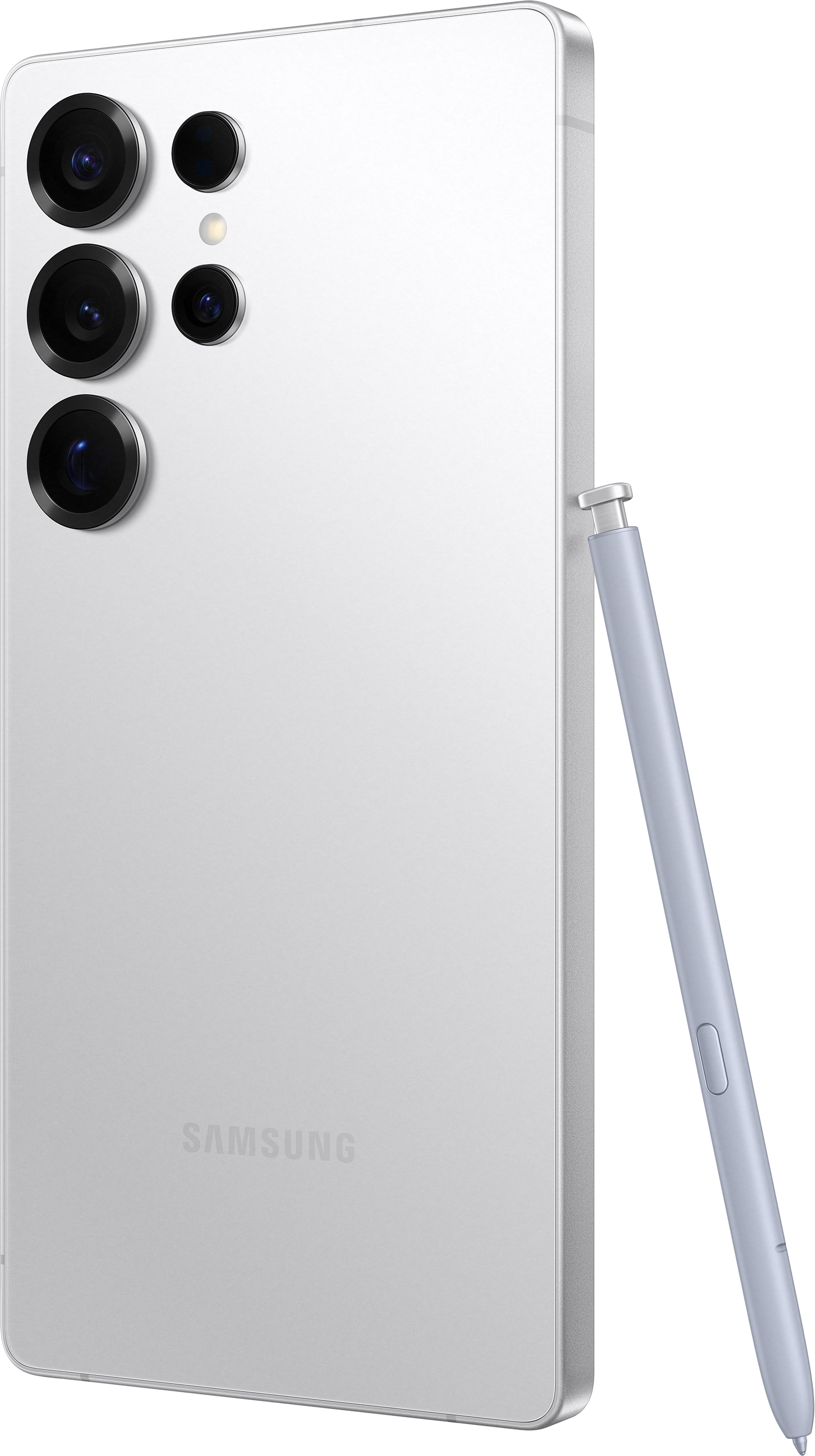 Telefono bianco con più fotocamere posteriori e stilo. Contro sfondo nero.