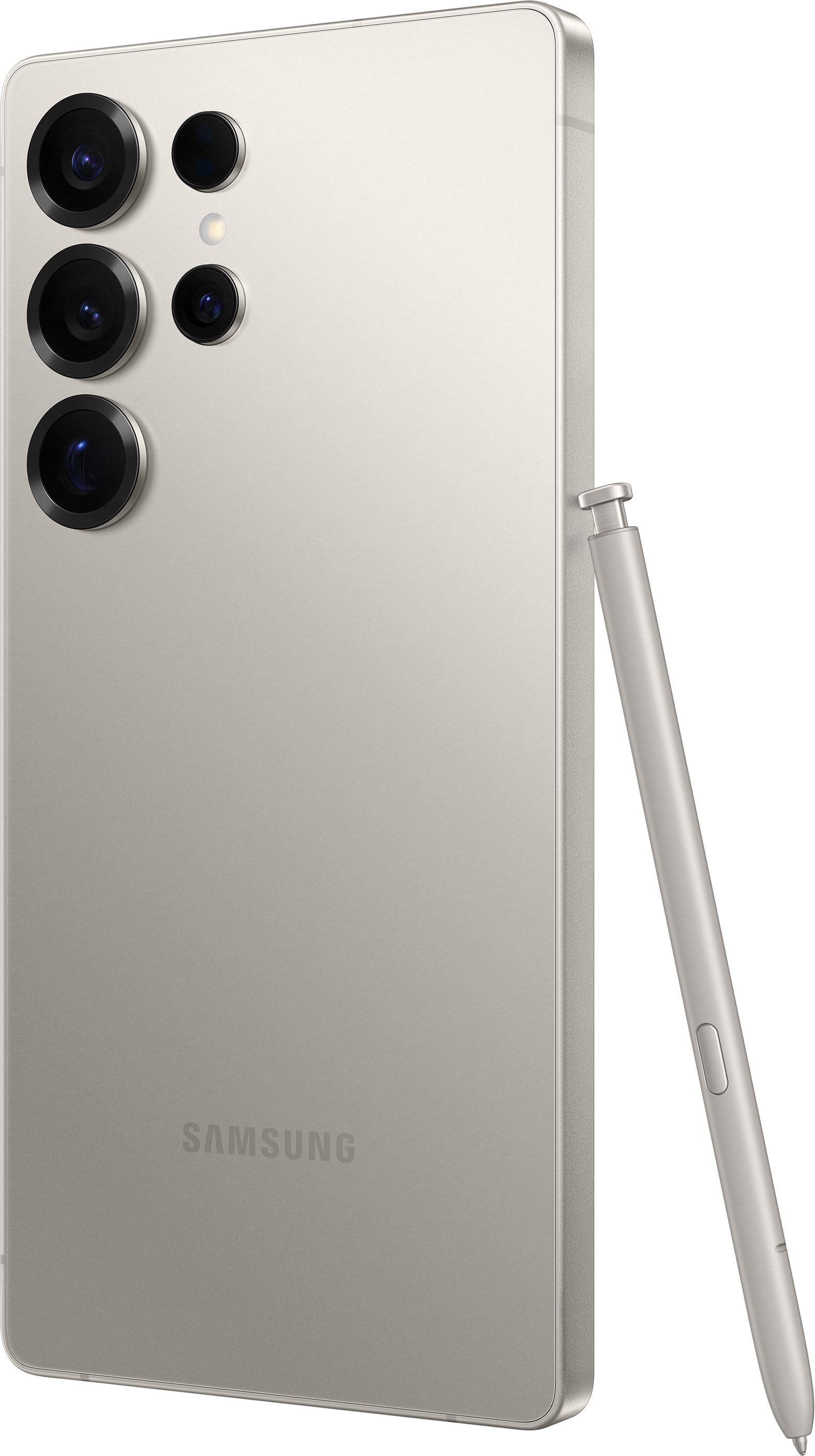 Un telefono Samsung di colore chiaro con quattro fotocamere posteriori e una penna, angolato verso lo spettatore.
