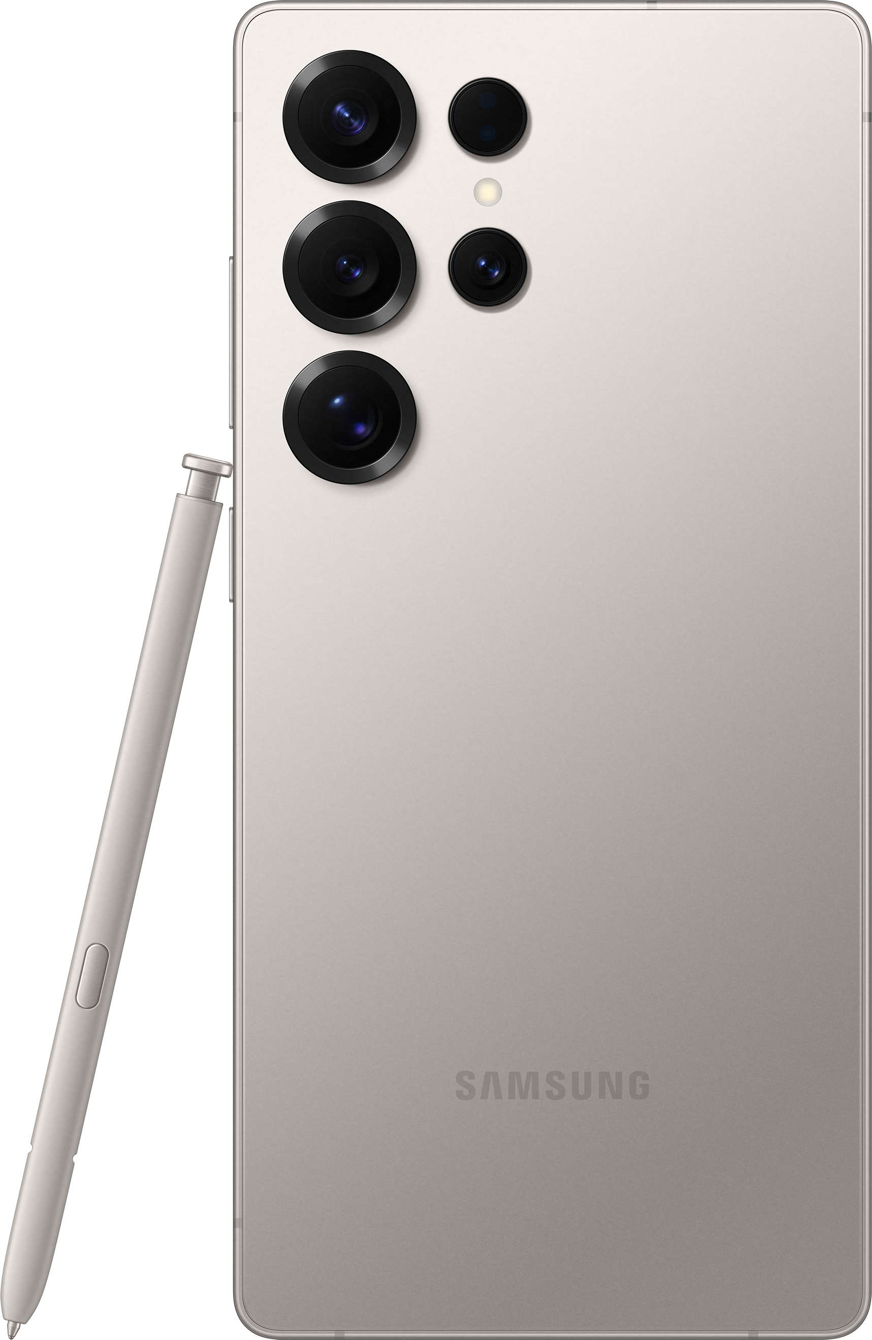Vista posteriore del telefono con fotocamere e stilo. Colore grigio. Sfondo nero.