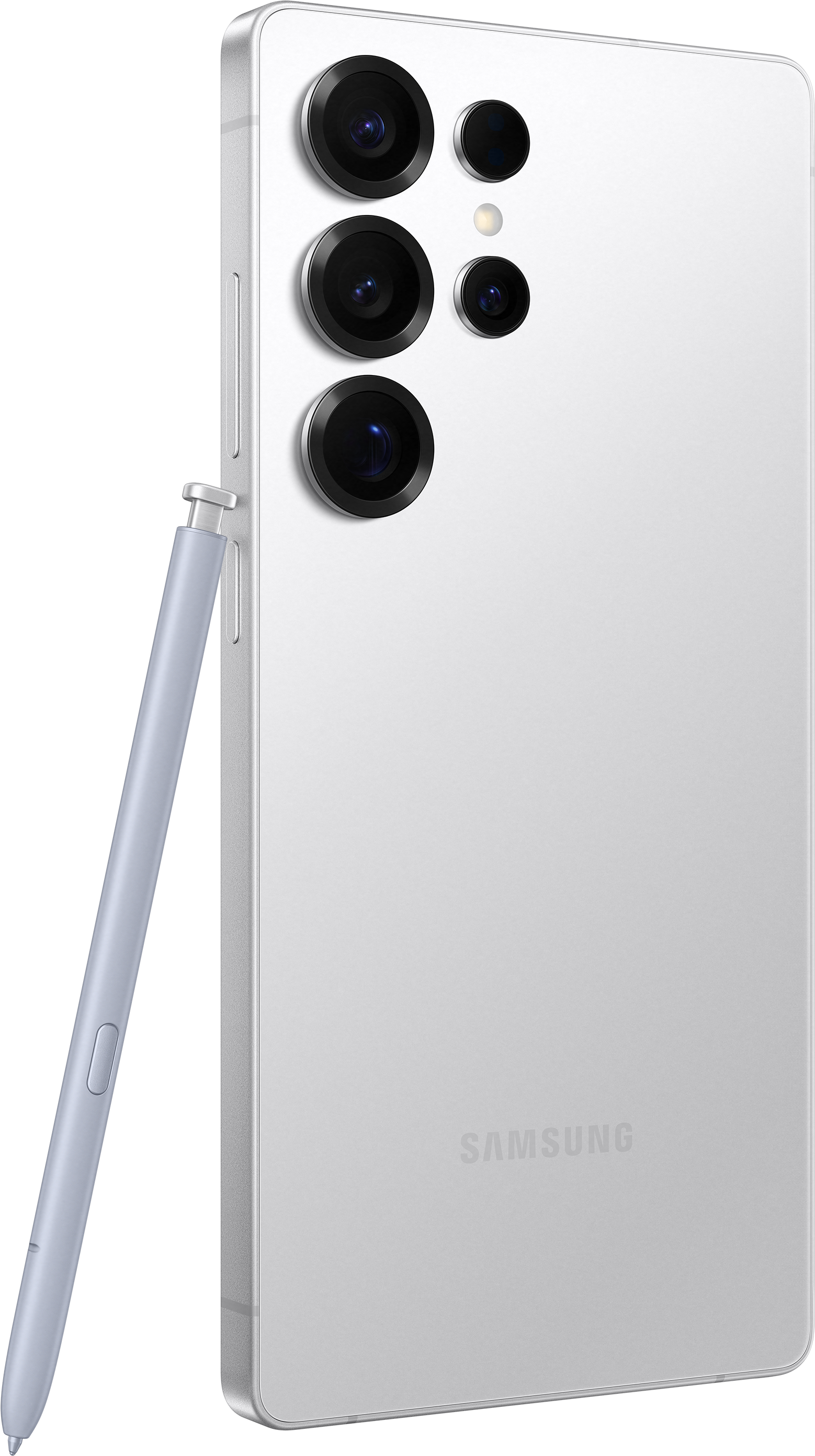Smartphone bianco con più fotocamere. Una penna stilo azzurra è accanto.