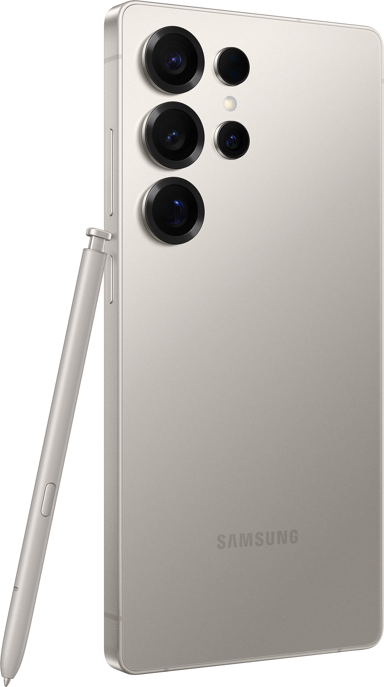Un telefono Samsung argentato con una penna, tre obiettivi della fotocamera e un logo Samsung.