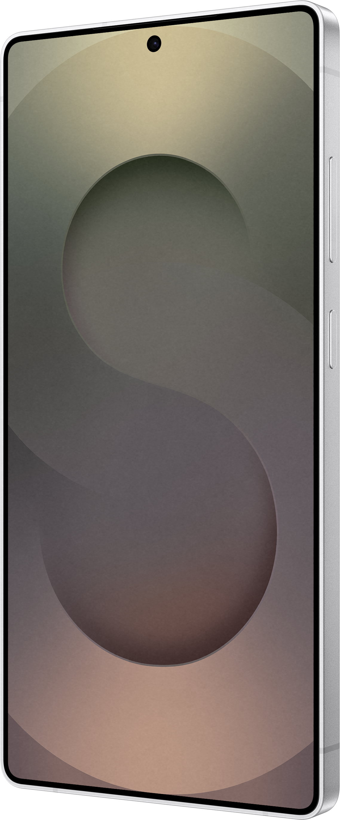 Uno smartphone argentato mostra un design con una grande 'S' sullo schermo, su sfondo neutro.