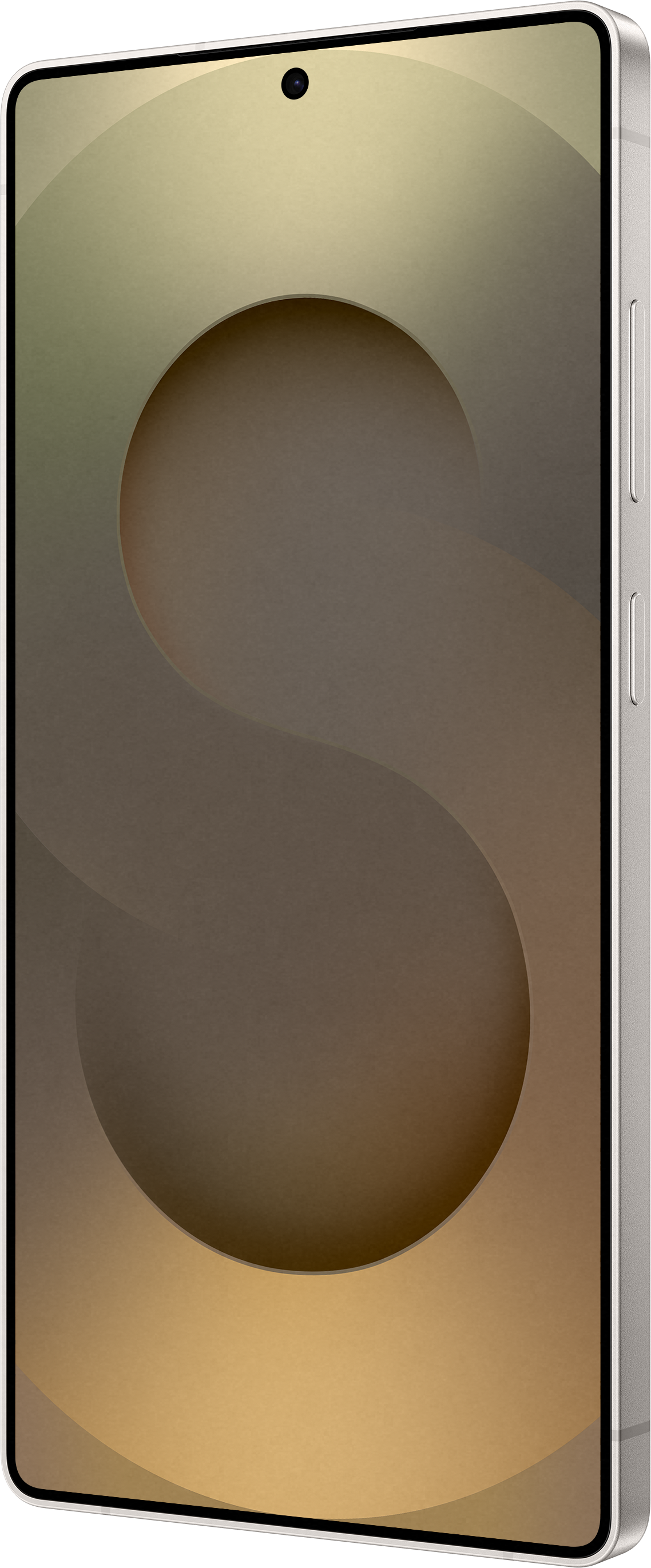 Telefono argento con schermo sfumato. Schermo a forma di 'S' e foro.