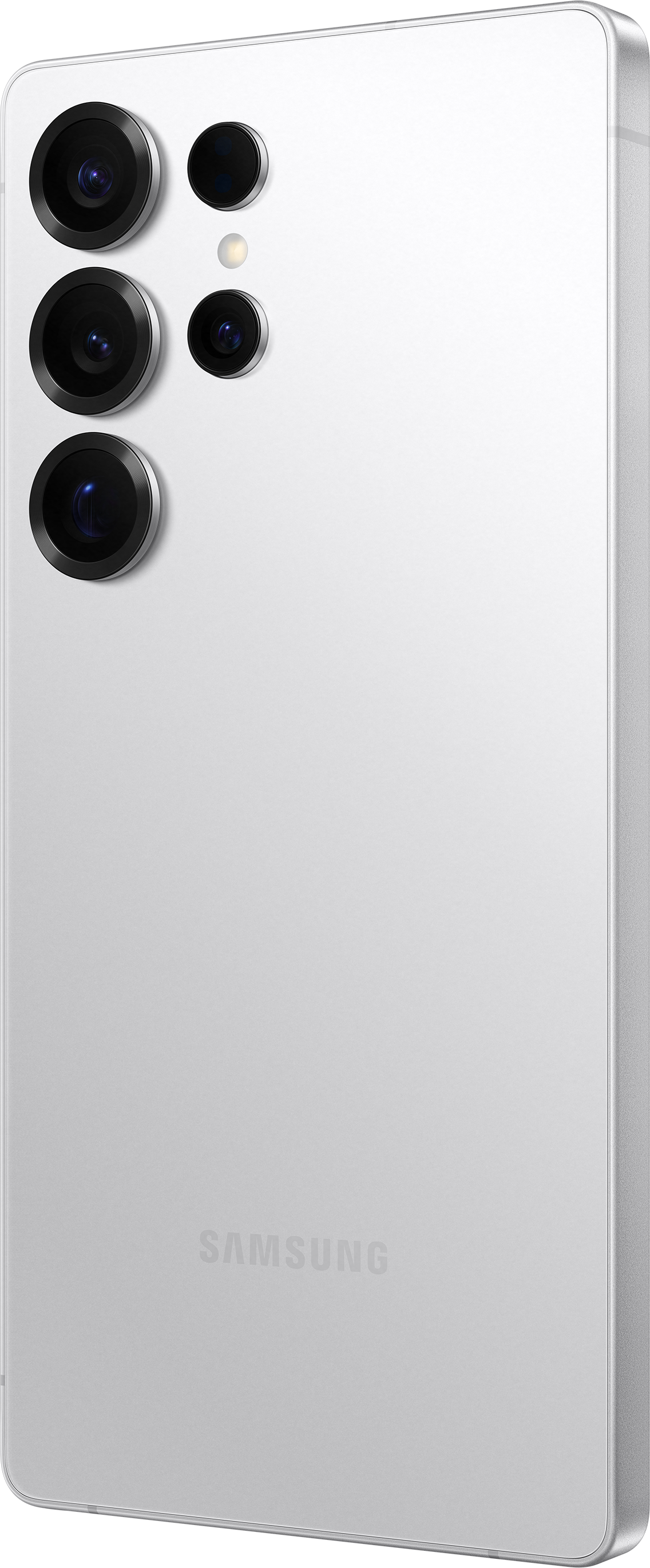 Uno smartphone bianco con tre obiettivi della fotocamera sul retro, con il logo Samsung.