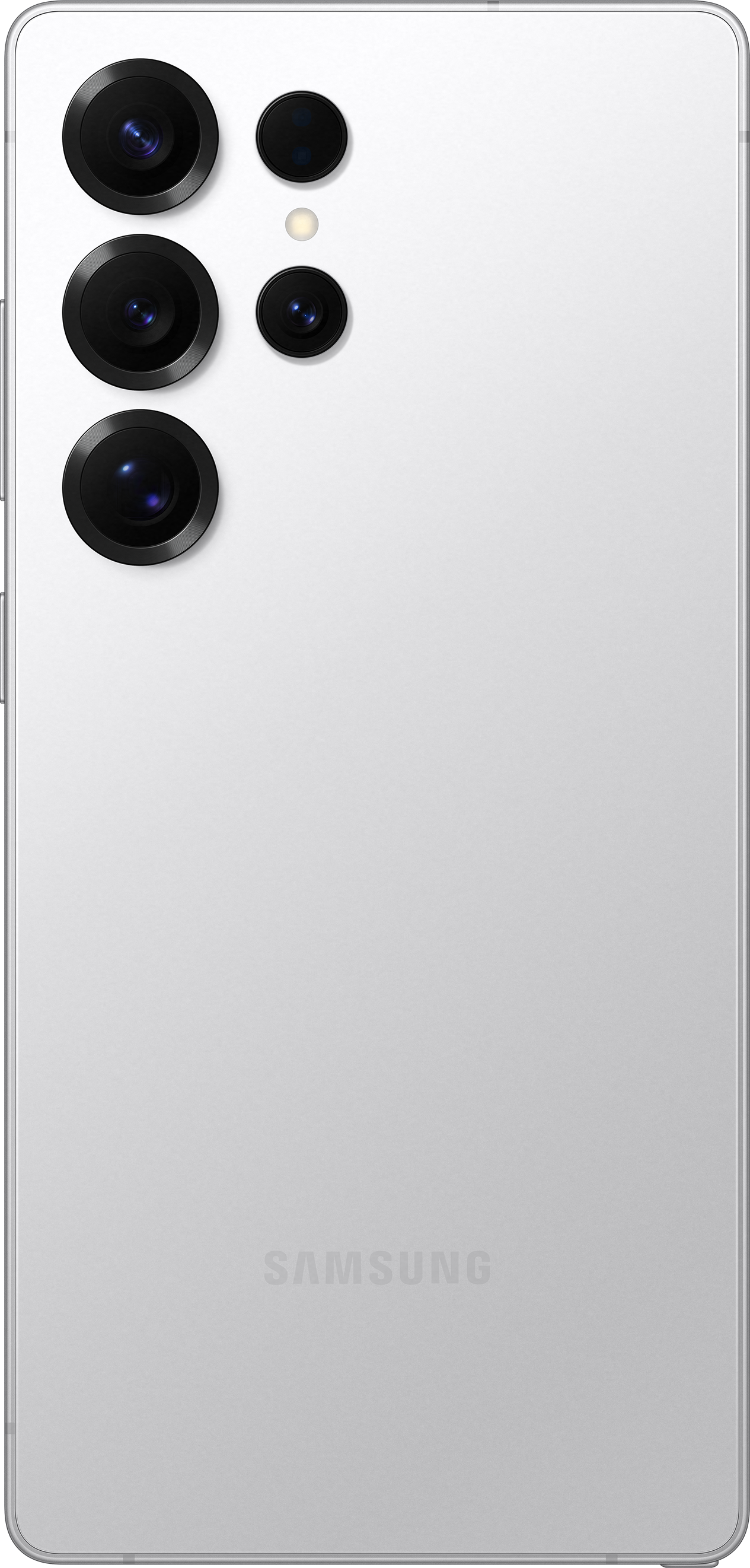 La parte posteriore di un telefono bianco con più fotocamere e un logo Samsung. Sfondo nero.