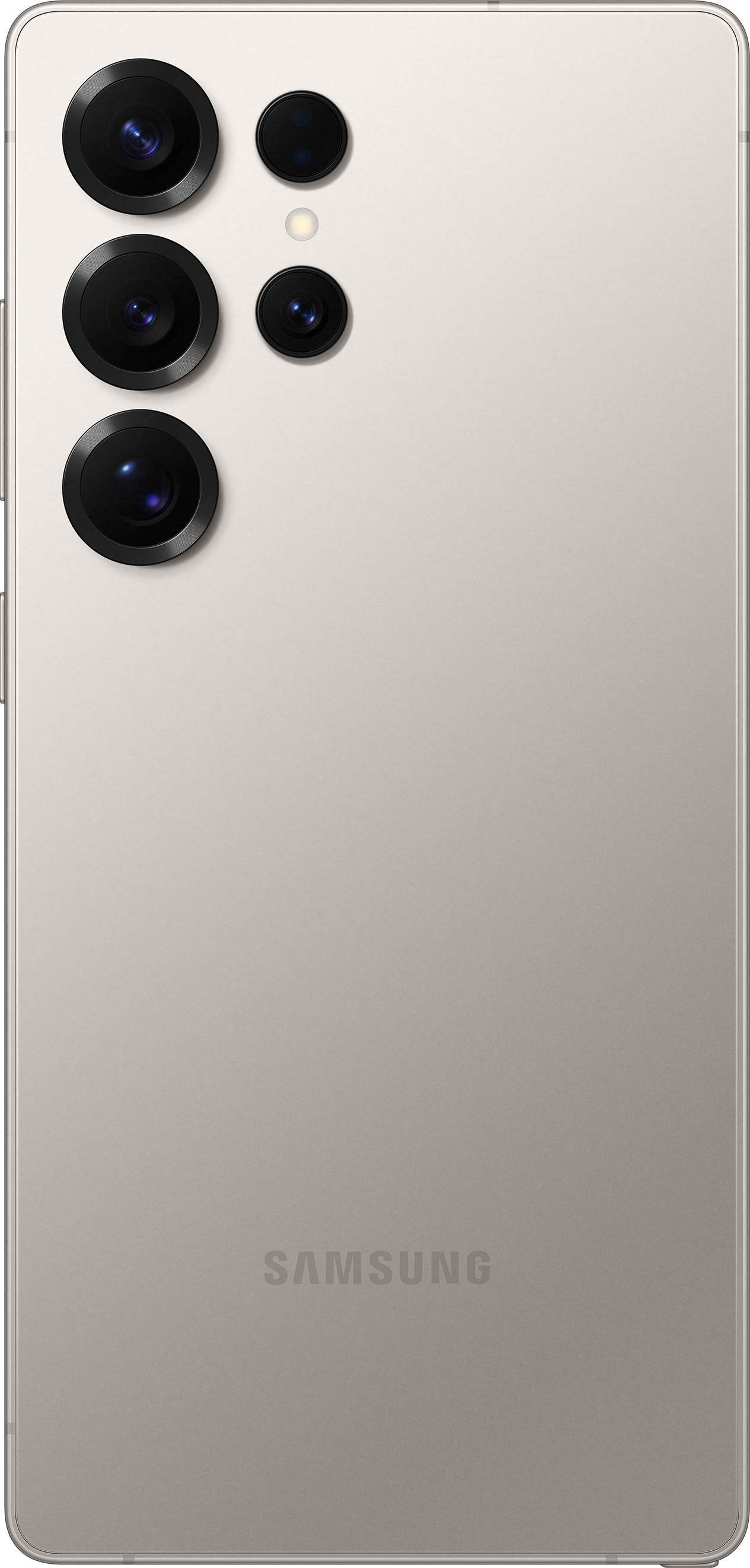 Vista posteriore dello smartphone. Colore grigio chiaro. Multiple fotocamere e logo Samsung.