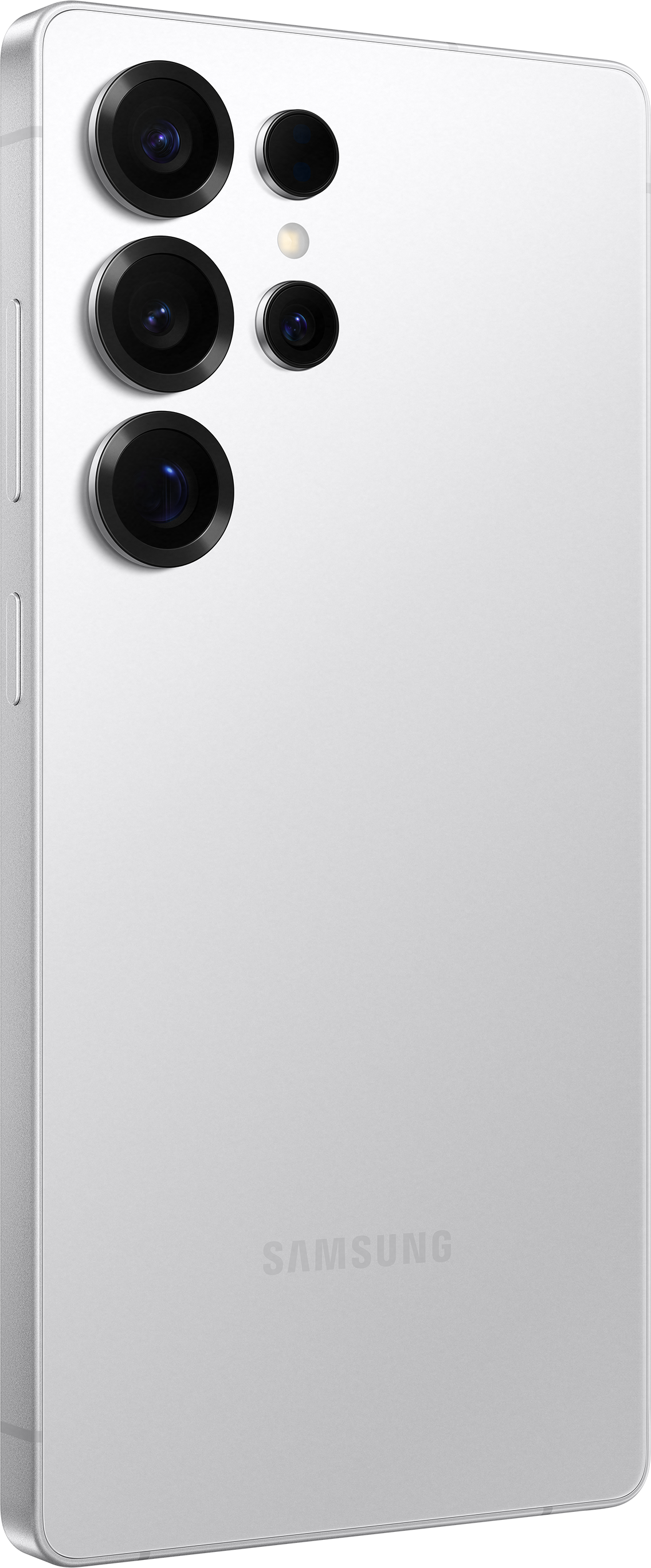 Smartphone bianco con tre obiettivi sul retro, vista angolata, logo Samsung.