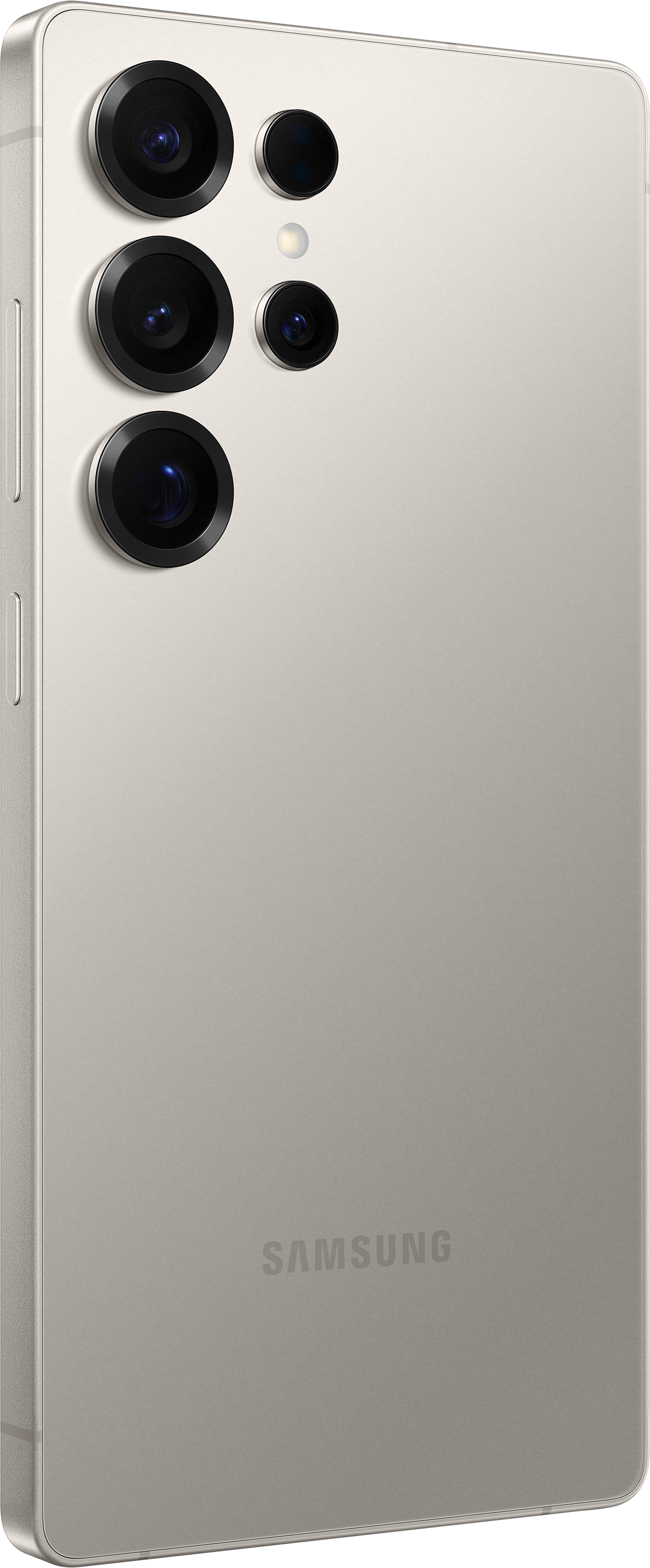 Un telefono Samsung beige chiaro con più fotocamere sul retro. Il logo Samsung è visibile.