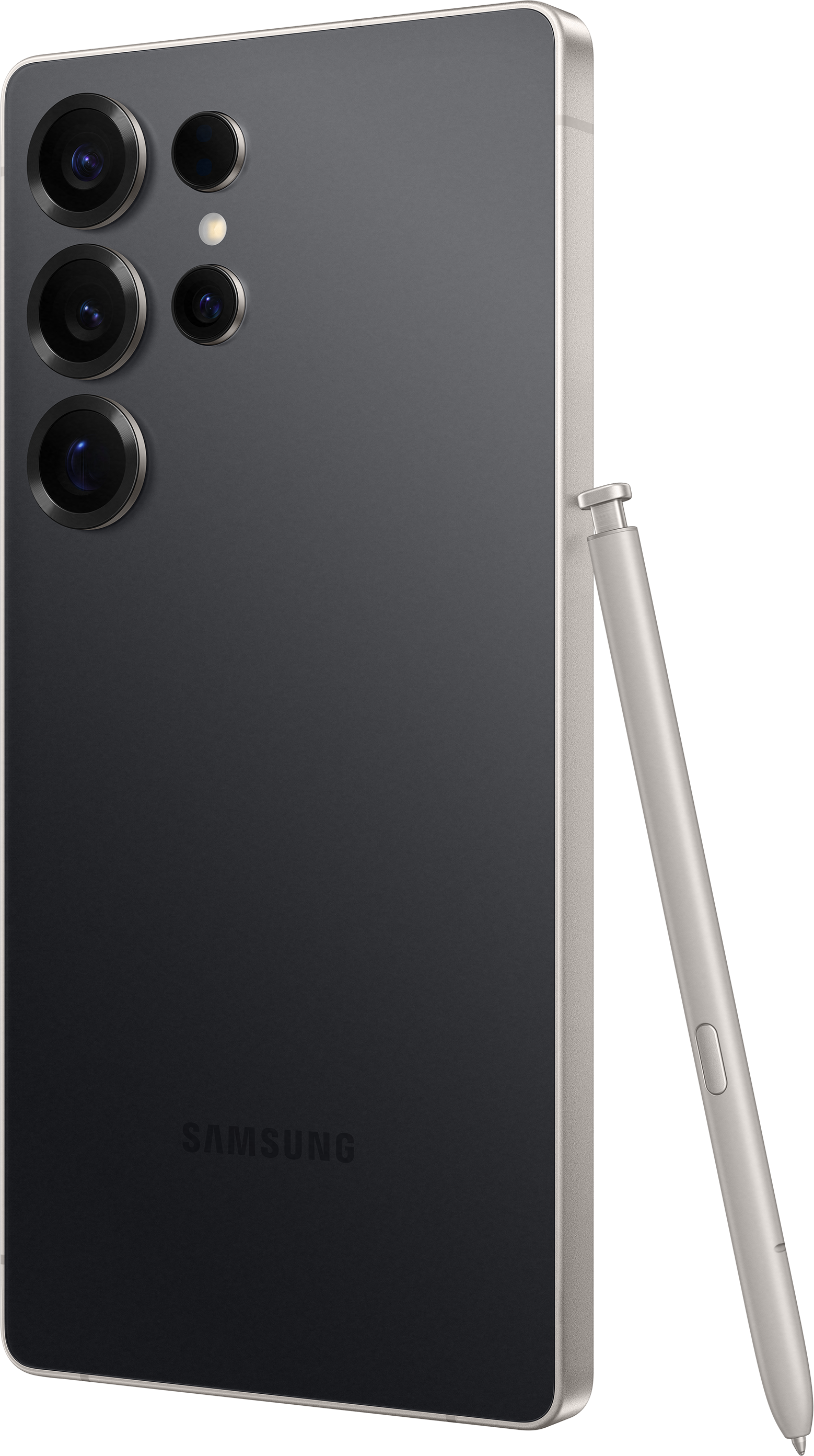 Telefono nero con stilo, logo Samsung, su sfondo nero.