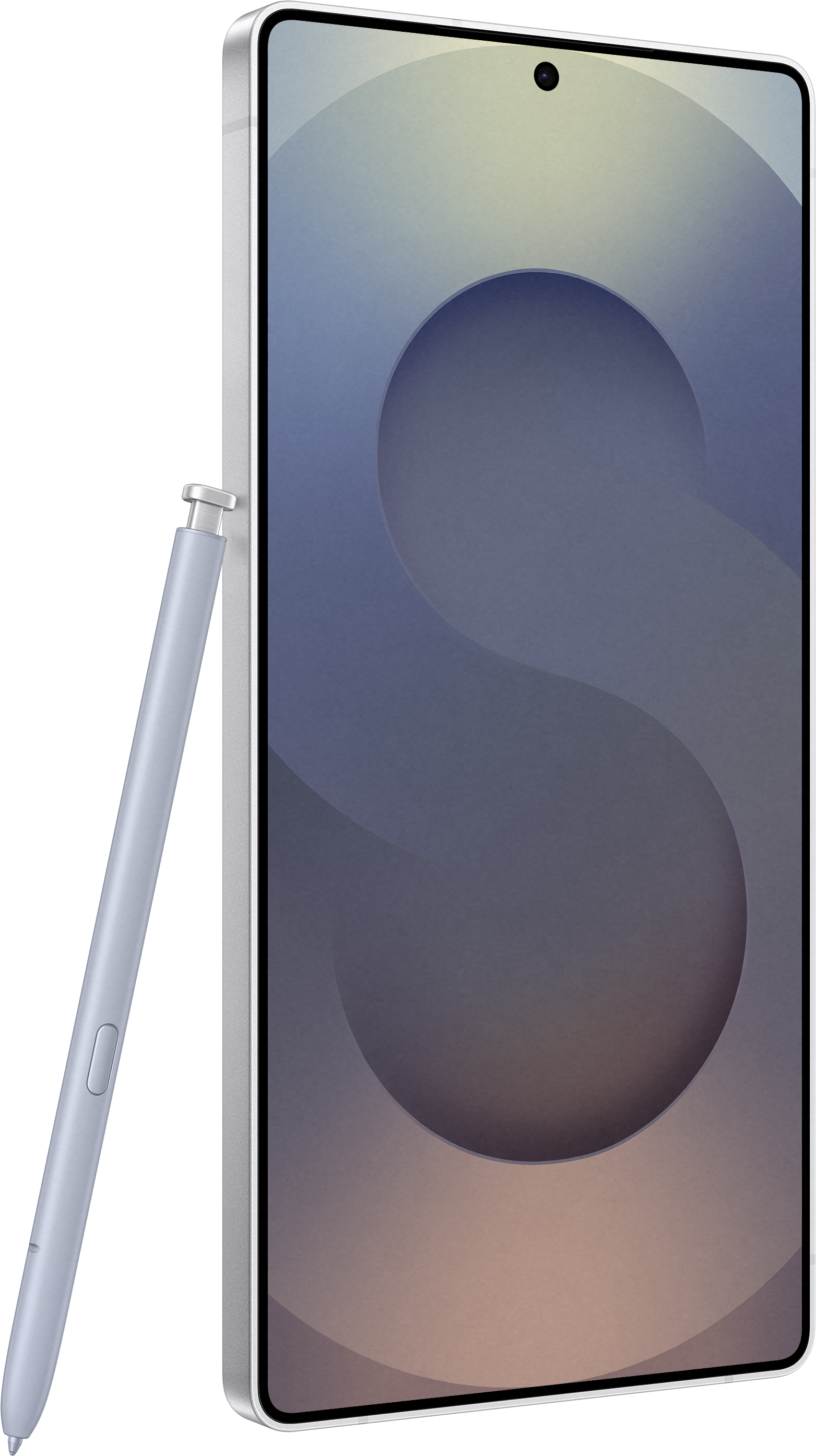 Smartphone avec stylet. Écran bleu avec design 'S', cadre argenté, fond noir.