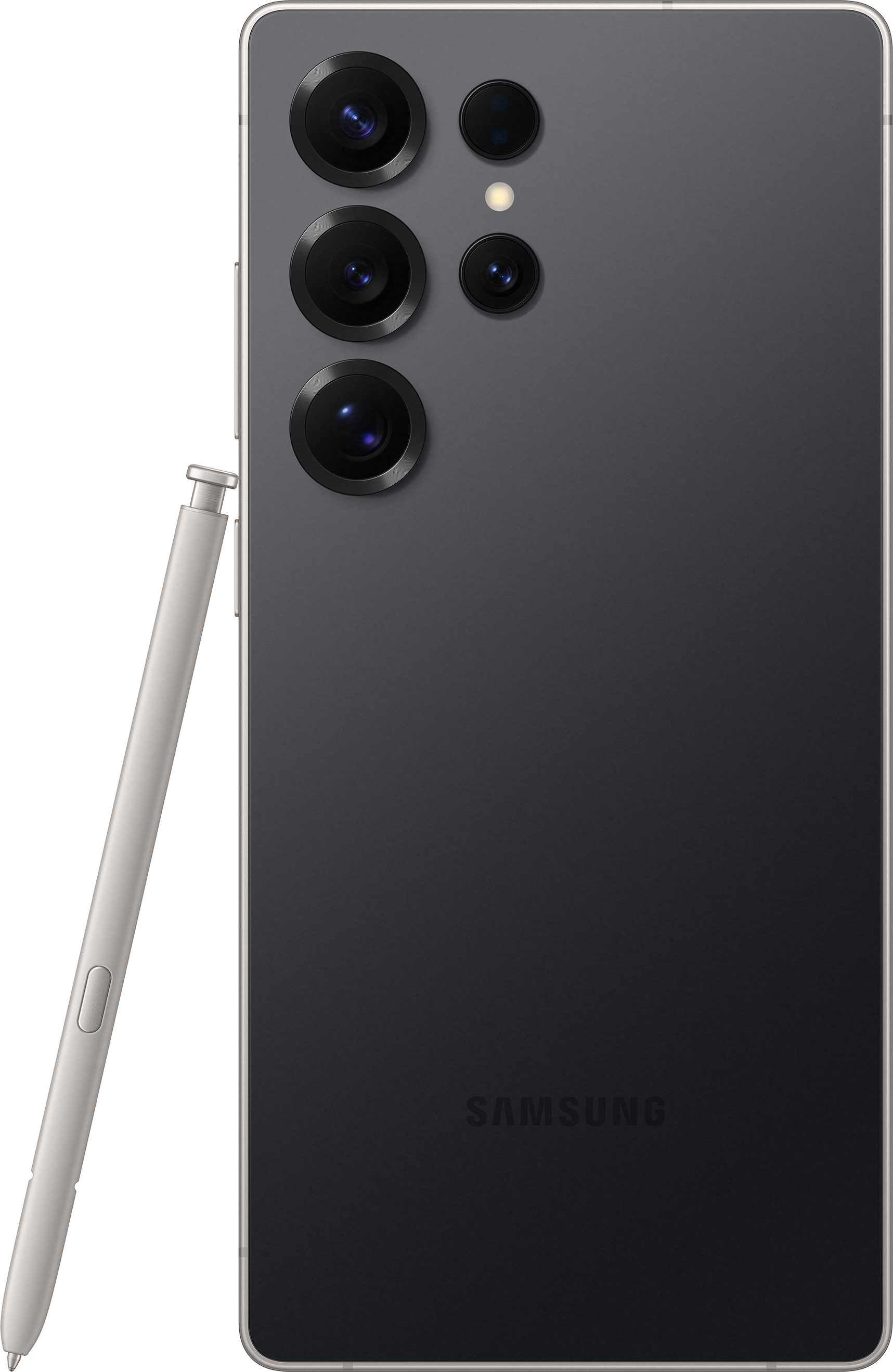 Telefono nero con lenti della fotocamera e stilo. Logo Samsung visibile. Retro grigio scuro.