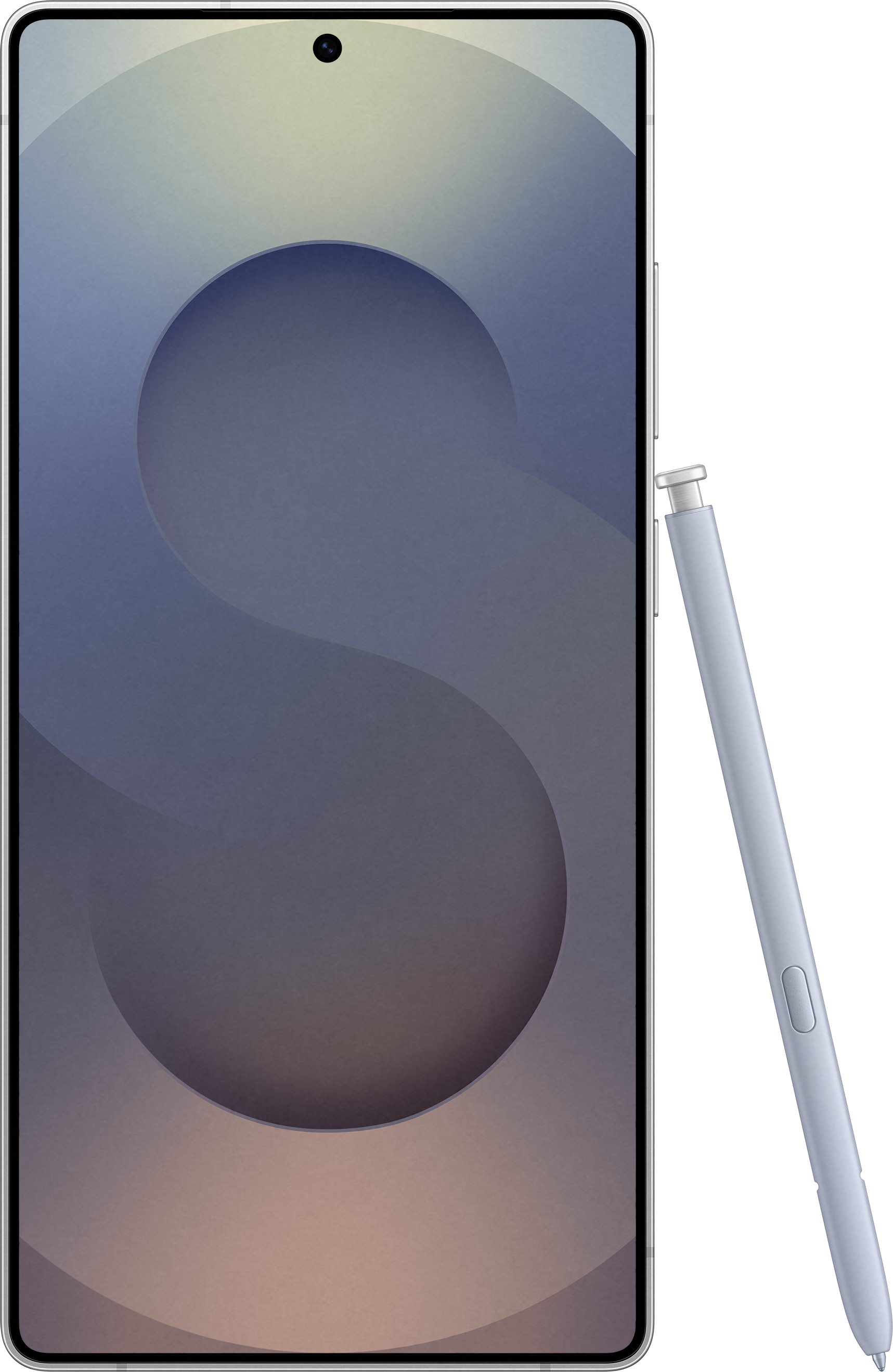 Un téléphone avec un écran incurvé et un stylet à côté, sur fond clair. Le téléphone affiche une interface utilisateur.