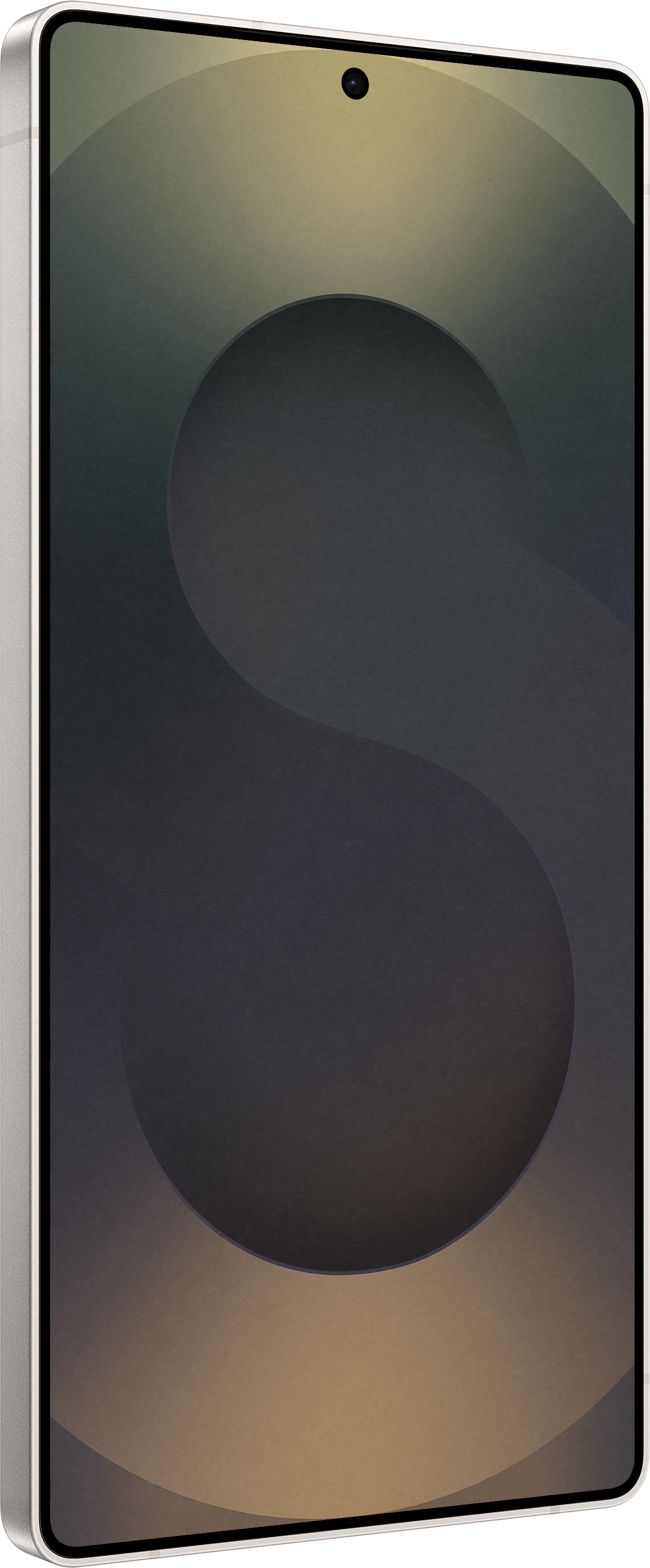 Telefono bianco con schermo curvo che mostra un design astratto.