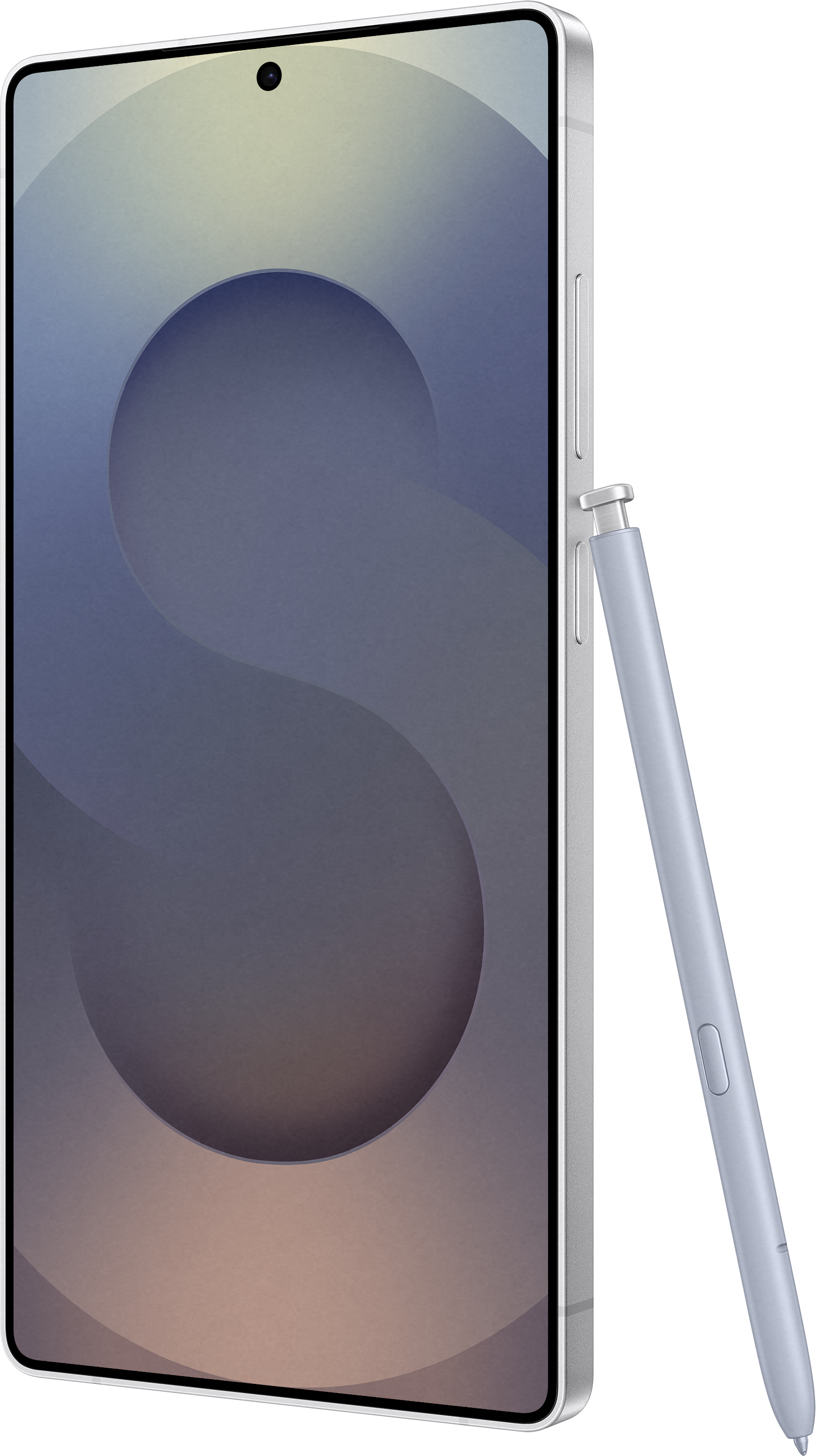 Téléphone et stylet sur fond noir. Le téléphone est argenté, l'écran a un design bleu.