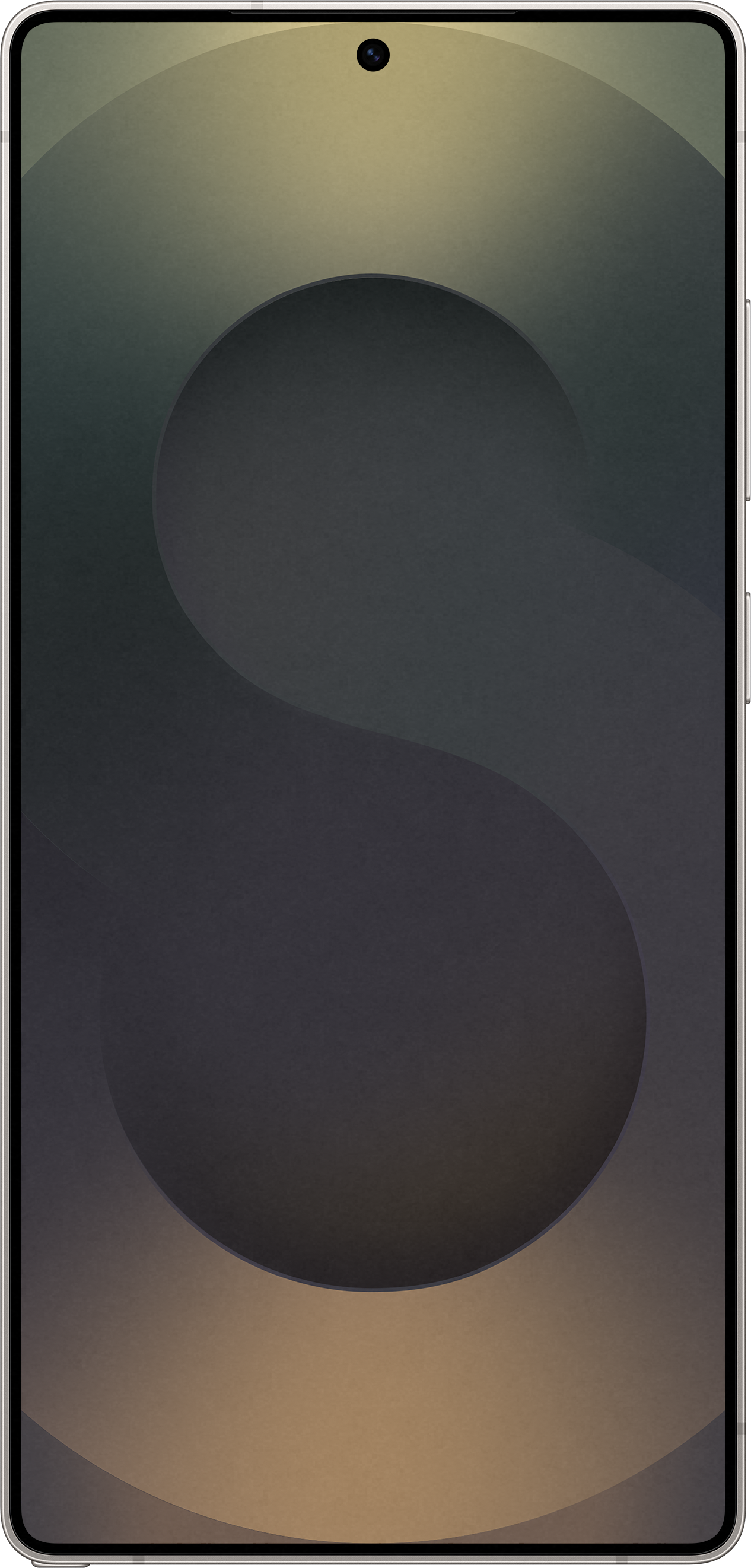 Un primo piano di uno schermo di smartphone con uno sfondo scuro e la lettera S al centro.