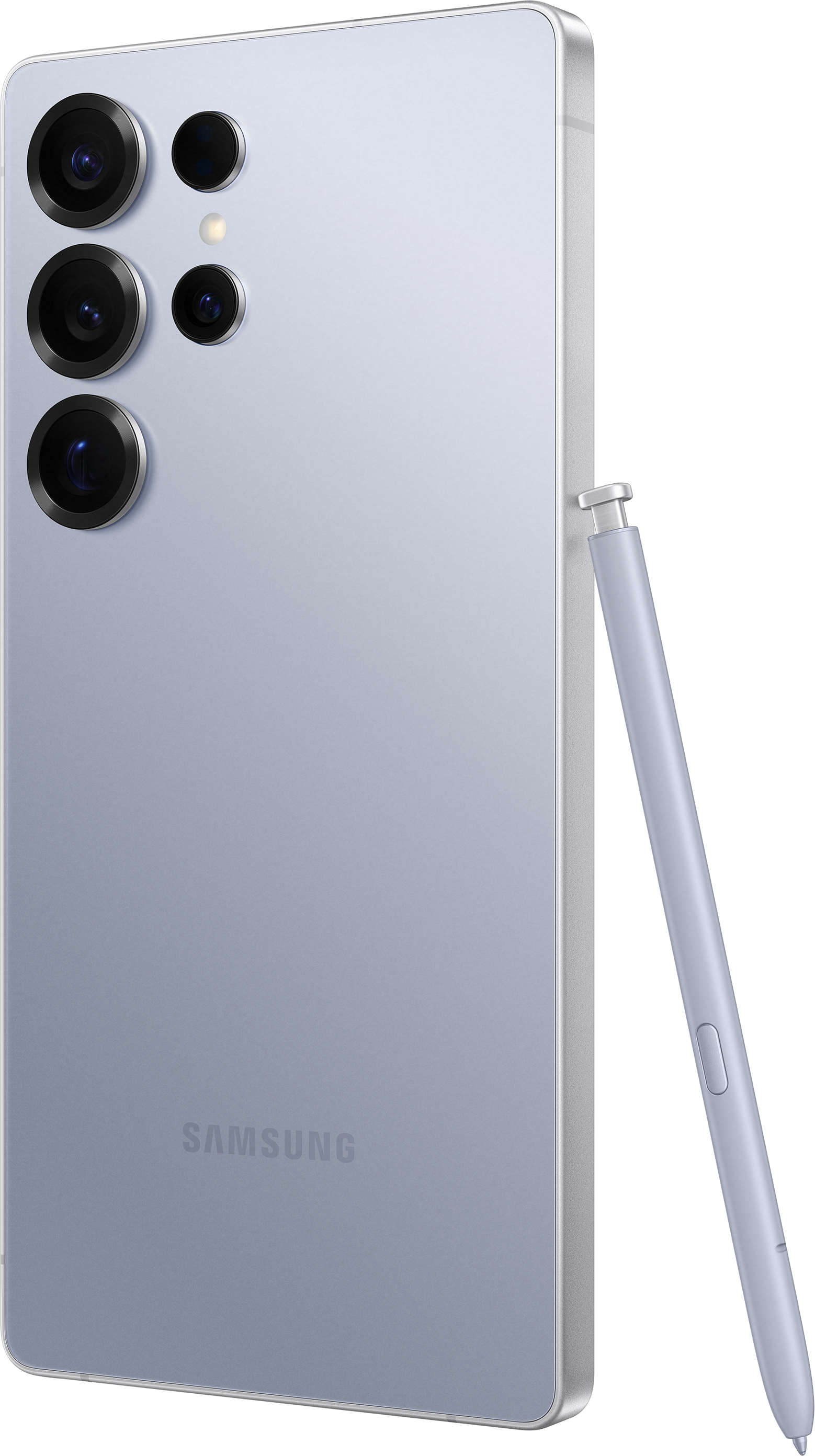 Un téléphone violet clair avec un stylet. Le dos comporte plusieurs caméras.