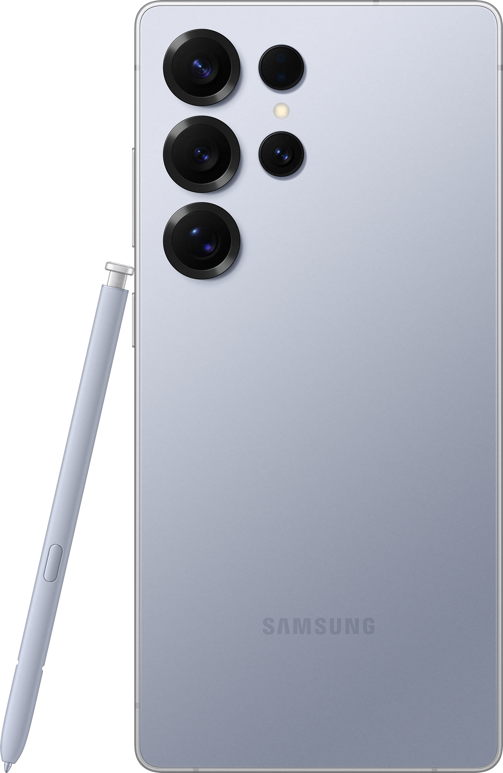 Dos de téléphone bleu avec stylet, trois caméras et logo SAMSUNG, sur fond sombre.